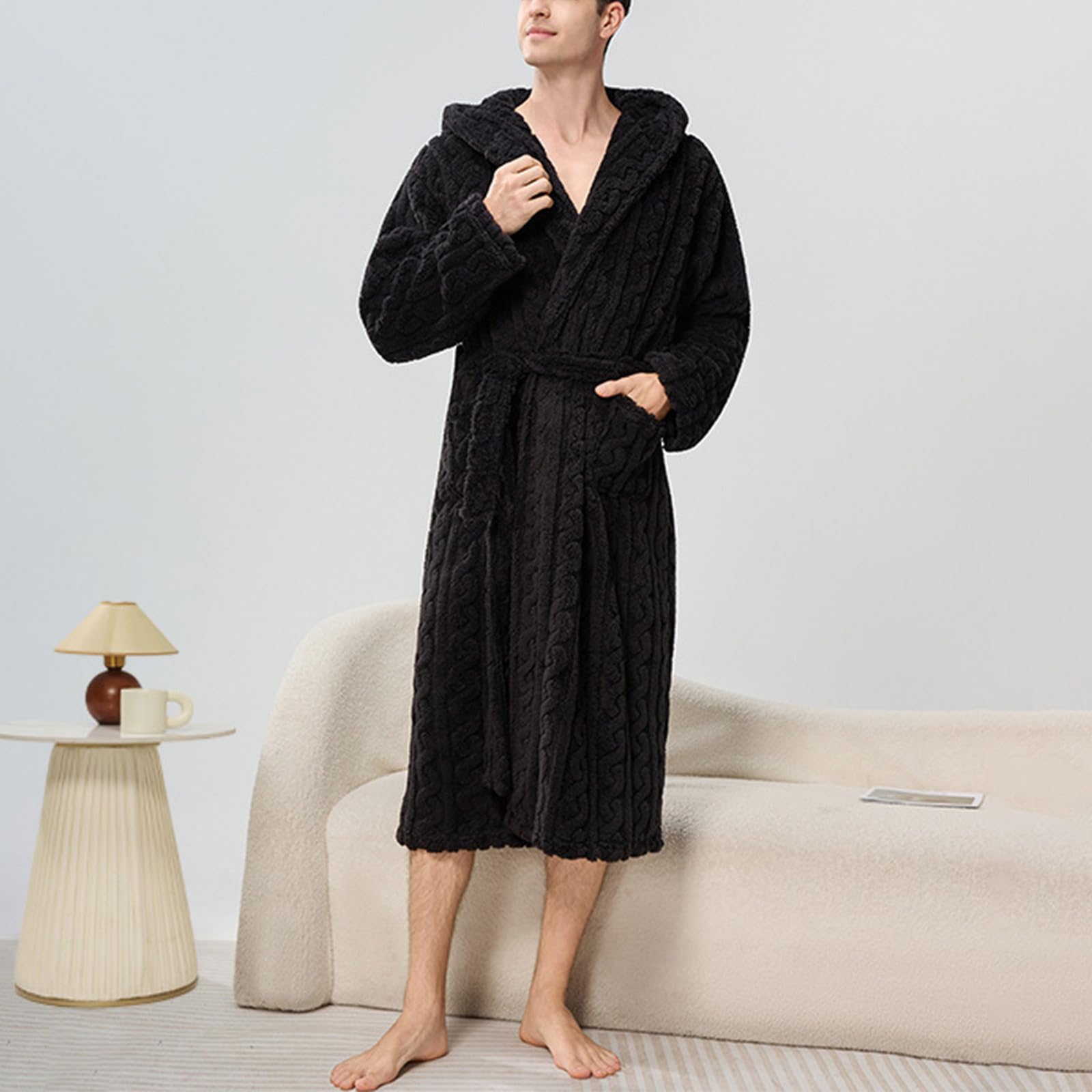 Albornoz Mujer Hombre Otoño e Invierno Talla Grande Microfibra Punto Suave Larga Kimono con Capucha y Bolsillos Cómodos Batas de Casa de Forro Polar Gruesos y Cálidos Albornoz Ducha Dressing Gown