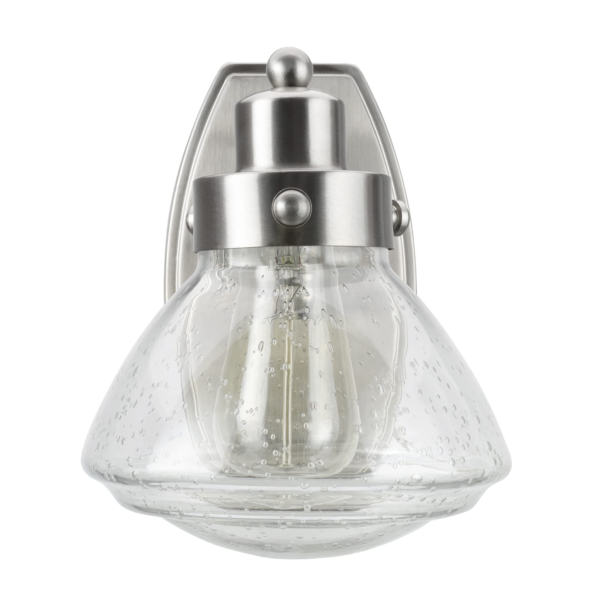 aspen creative 62060-2a, one-light metal bathroom vanity wall light fixture, 6 3/4" wide, transitional design in satin nickel with clear seedy glass shade