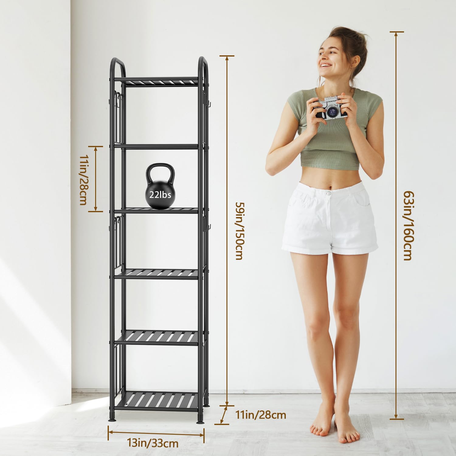 Scaffale a 6 ripiani in metallo stretto con 8 ganci, mensole angolari indipendenti per piccoli spazi, pratico scaffale per camera da letto, dispensa, lavanderia, cucina, colore nero