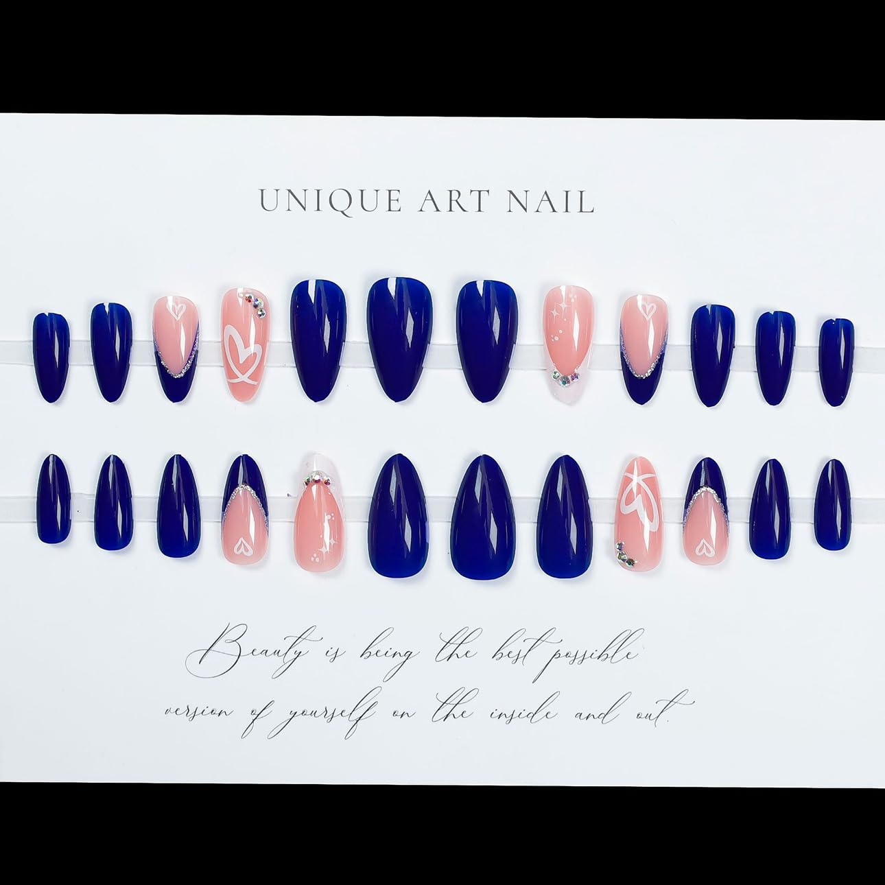 LPOODDNU Almond Press on Nails - Dark Green Medium Fake Nails with Leaf Designs, Glossy Finished Reusable False Nails with Double Adhesive Glue Tabs - 24Pcs Nail Kit for Women Manicure: blue french tip heart