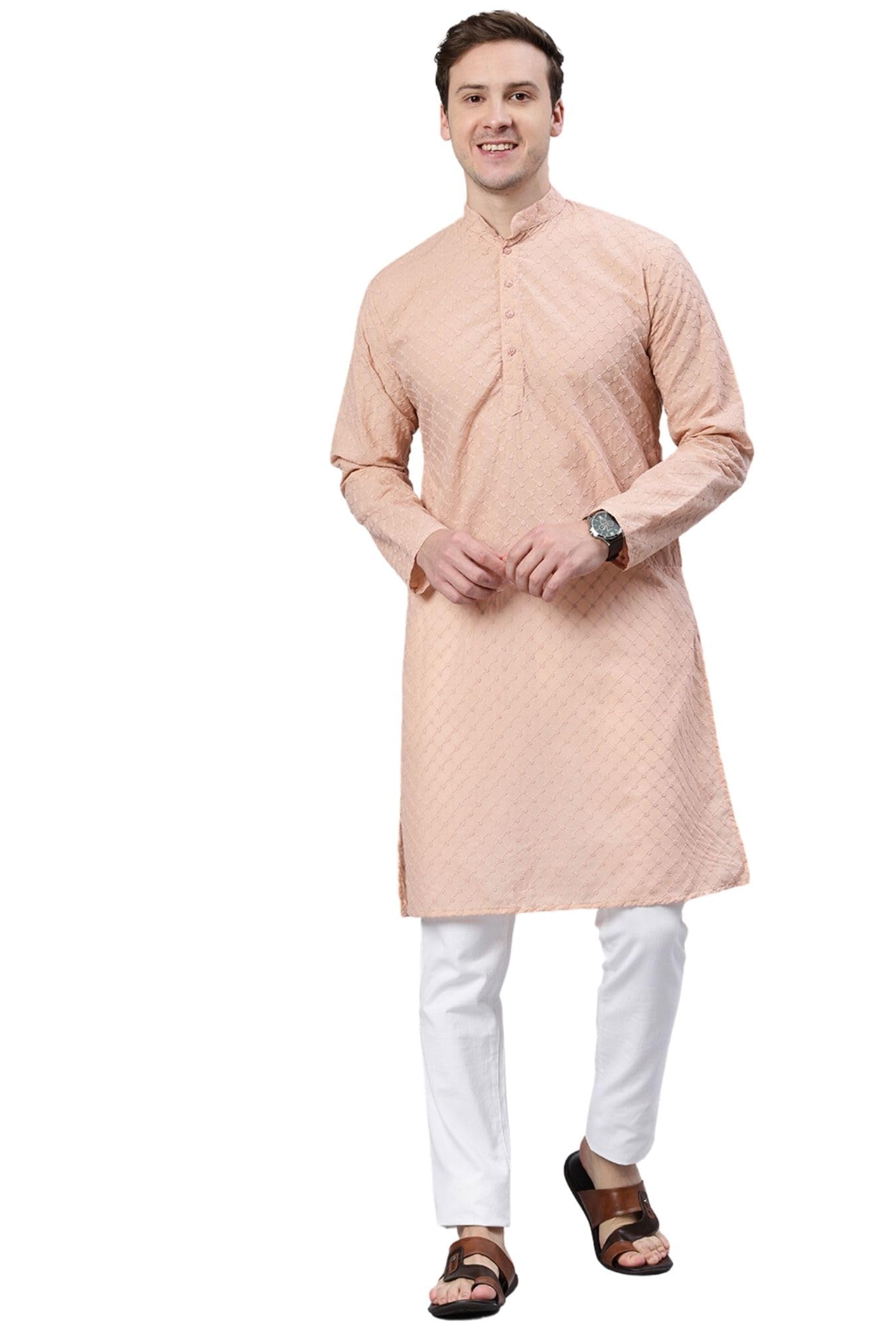 Janasya Men's Cotton Blend Regular Fit Casual Polyester Mandarin Collar Ethnic Motifs Embroidered Long Regular Kurta in neutral