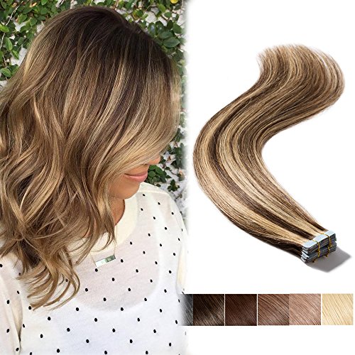 Brown & Blonde Highlight Tape in Human Hair Extensions Long Straight Seamless Skin Weft Hair Invisible Double Sided Tape 20pcs 30g+10pcs Extra Tapes Medium Brown mixed Dark Blonde #4-27 18inch