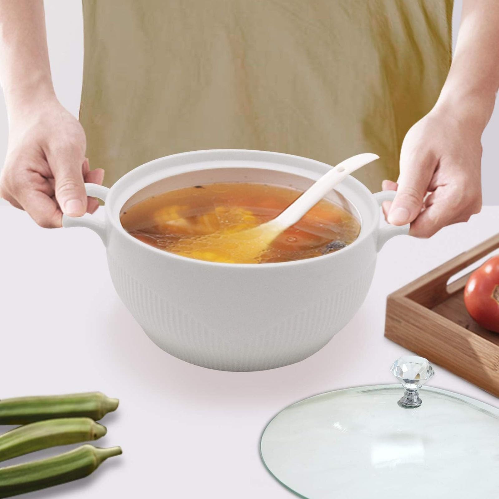 Soupière En Céramique Avec Couvercle En Verre, Porcelaine Servant La Soupe De La Soupière For La Décoration De La Cuisine De La Maison Du Restaurant, Jolie Soupière Plaquée En Céramique For La Soupe E
