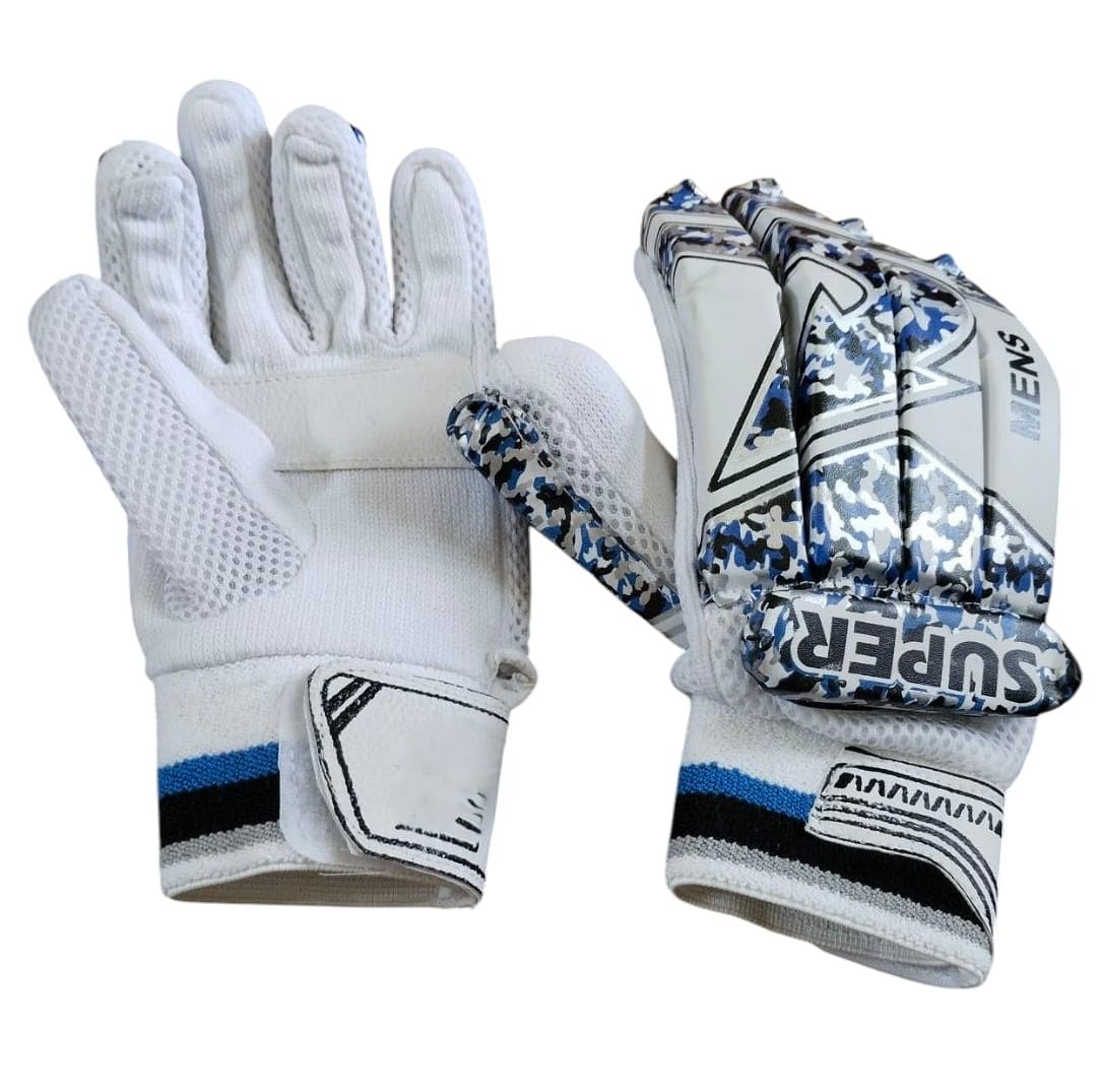 Cricket Club Youth (M) Super Batting Gloves Right Handed Lightweight- PVC Material,White Leather,Cotton Palm Best for Beginners- Moulded Fiber Shells with High Density Foam | White & Blue-image-11