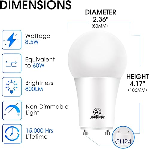 Miniatura 2 de Energetic - Bombilla LED GU24, forma A19, equivalente a 60 W (8.5 W), luz diurna de 5000 K, 800 lúmenes, no regulable, bombilla LED de 2 pines,