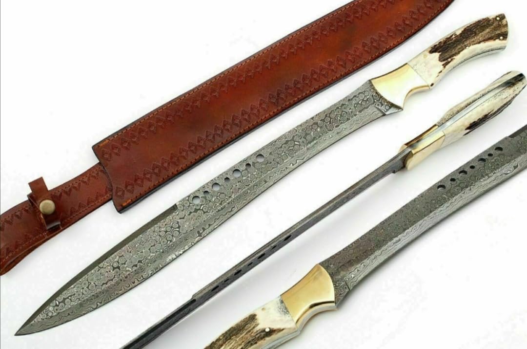 Empire - 30 Inch Long - Sharpe Edges - Handmade Damascus Steel Viking Machete with Sheath - Stag Horn Grip - Hand Forged Full Tang Machete - Best Gift for Him