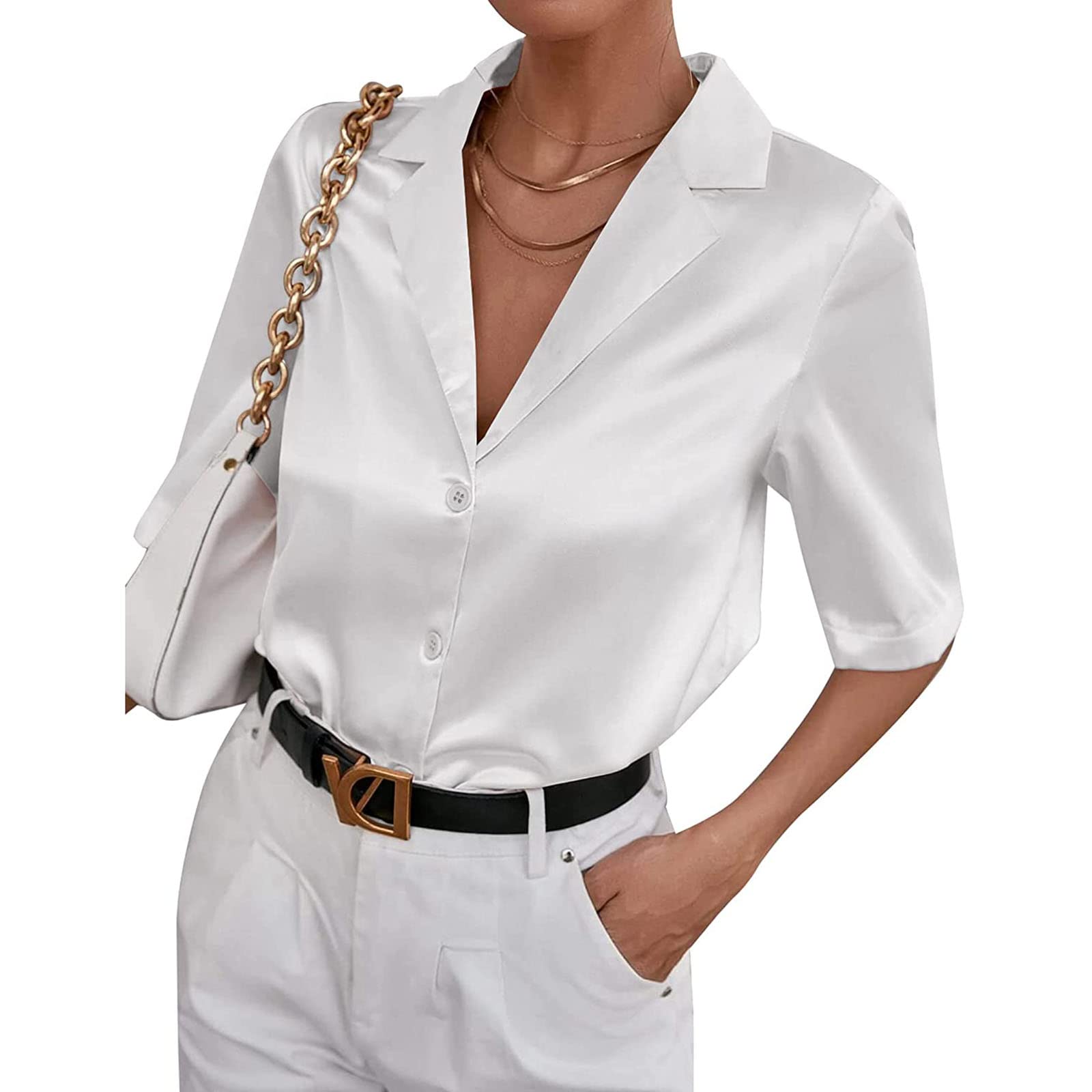 Women Satin Silk Button Down Shirt Short Sleeve Lapel V Neck Classic Solid Work Blouse Office Top Elegant