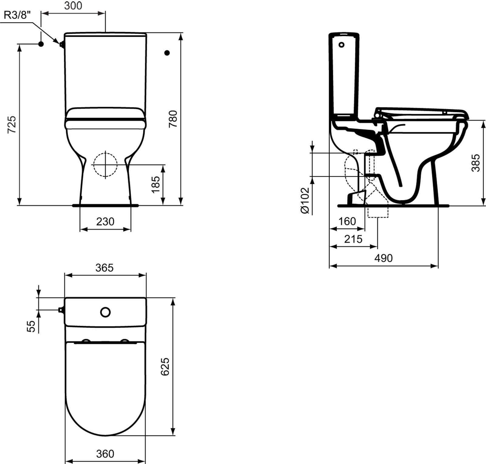 Ideal Standard Exacto Pack WC sur pied à poser Cuvette sans bride Abattant silencieux Frein de chute Sortie horizontale Blanc brillant R006901