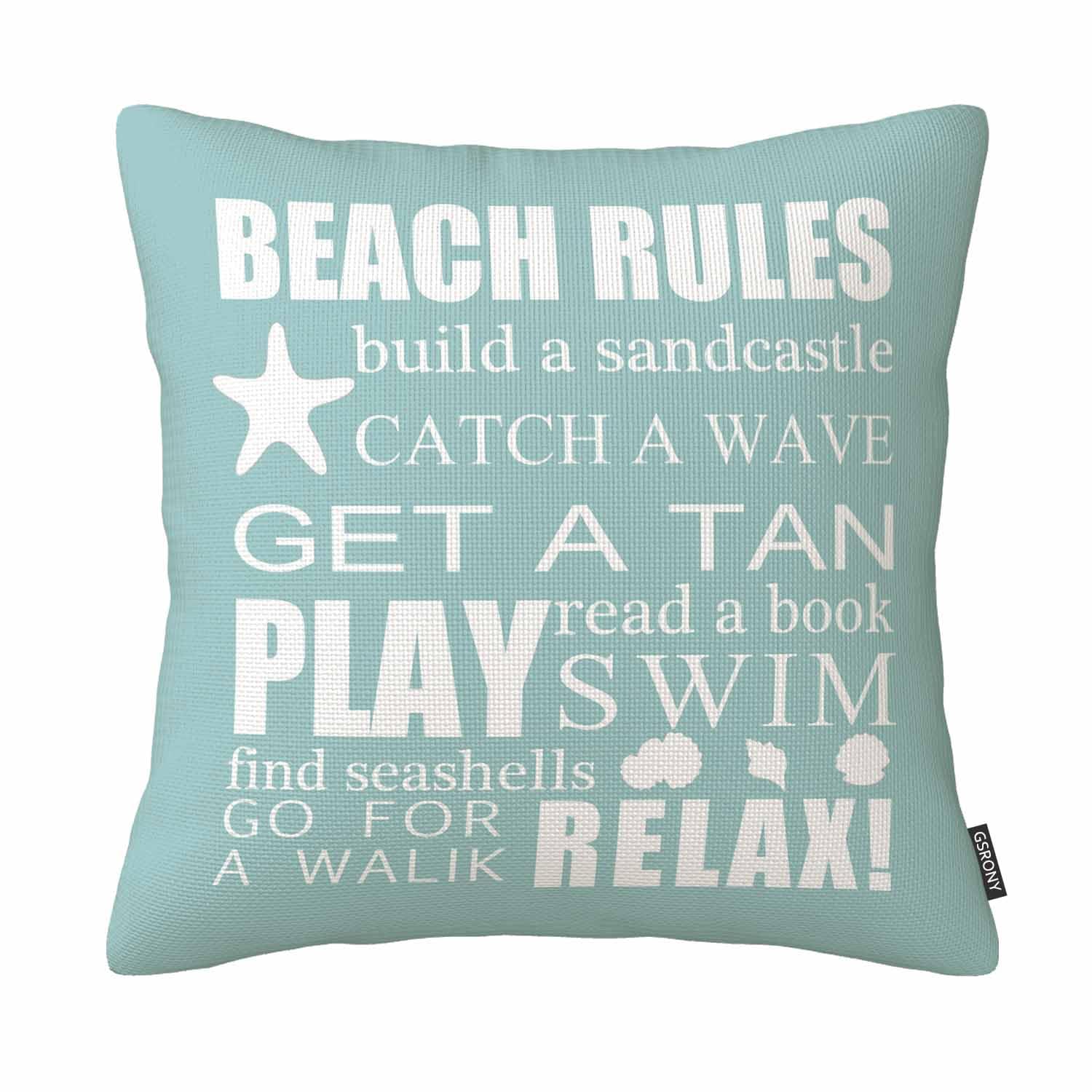 Beach Rules Pillow Case Funny Quote Catch Wave Teal Cotton Linen Decorative Throw Pillow Cover 18 X 18 inch Cushion Cover