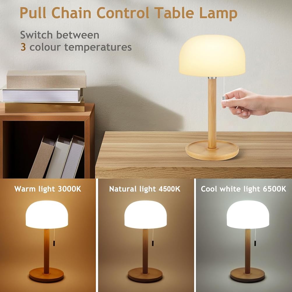 Lampada da tavolo ricaricabile in legno LED Senza Fili lampada da comodino Dimmerabile con interruttore a tirare,3000k-6000k, piccola luce da tavolo portatile per interni camera da letto ristorante
