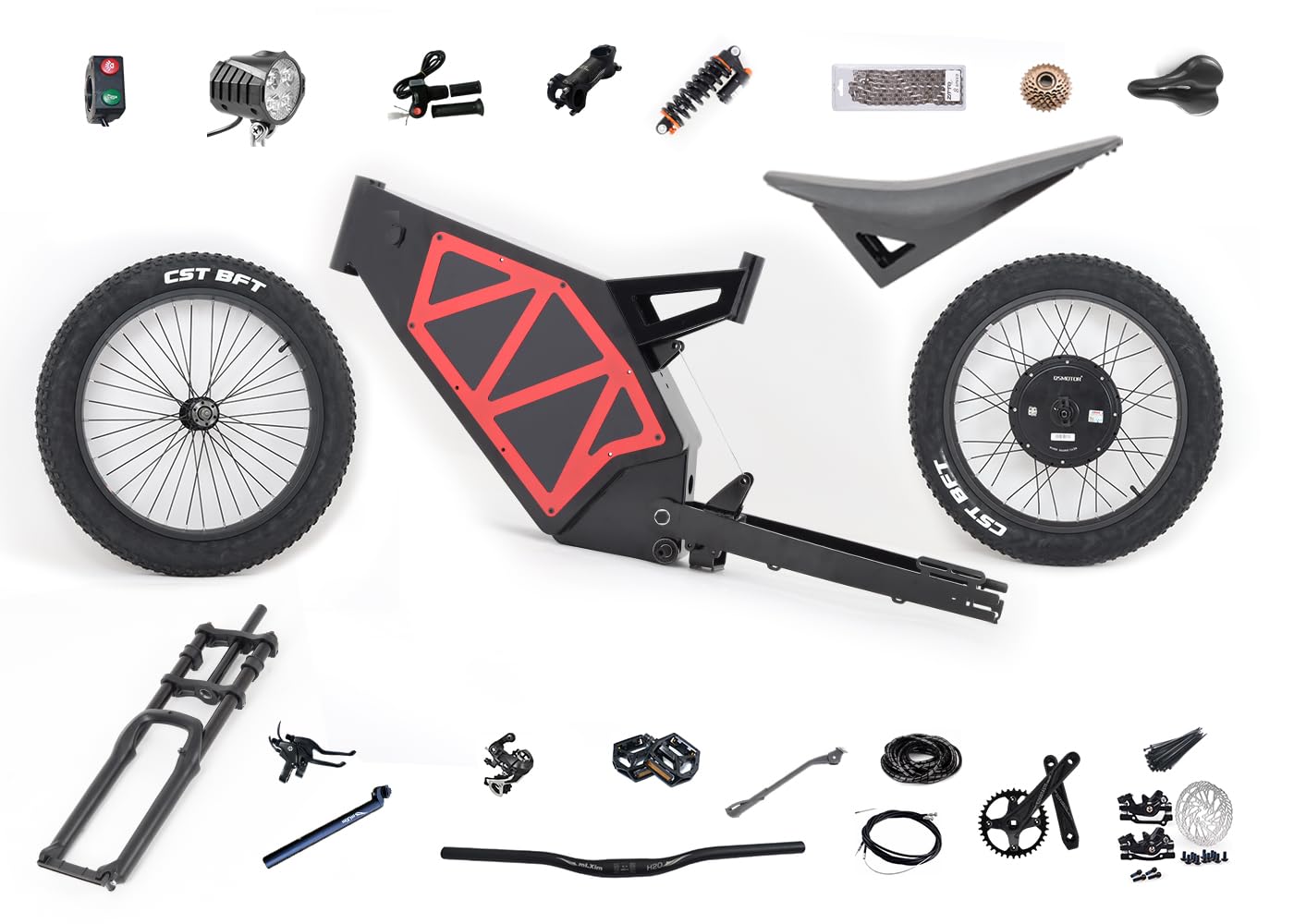 KEYU F7 Enduro eBike Stealth Bomber Electric Bike Frame Kit Parts with QS 5000W Motor Wheel and Front Wheel Fronk Fork Comfortable Long Seat Rear Shock More Bike Parts Together