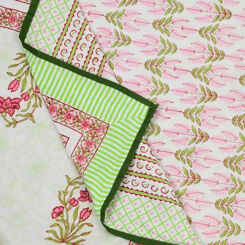 Image of BLOCKS OF INDIA Hand Block Printed Cotton Single Size Reversible Malmal Dohar for Summer (Green Leaf)| TC - 200