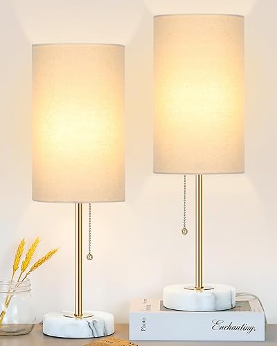 Miniatura 7 de JUNNAI Lámpara de mesita de noche con base de mármol interruptor de cadena de tracción regulable de 3 vías  Pantalla de tela de lino y poste dorado