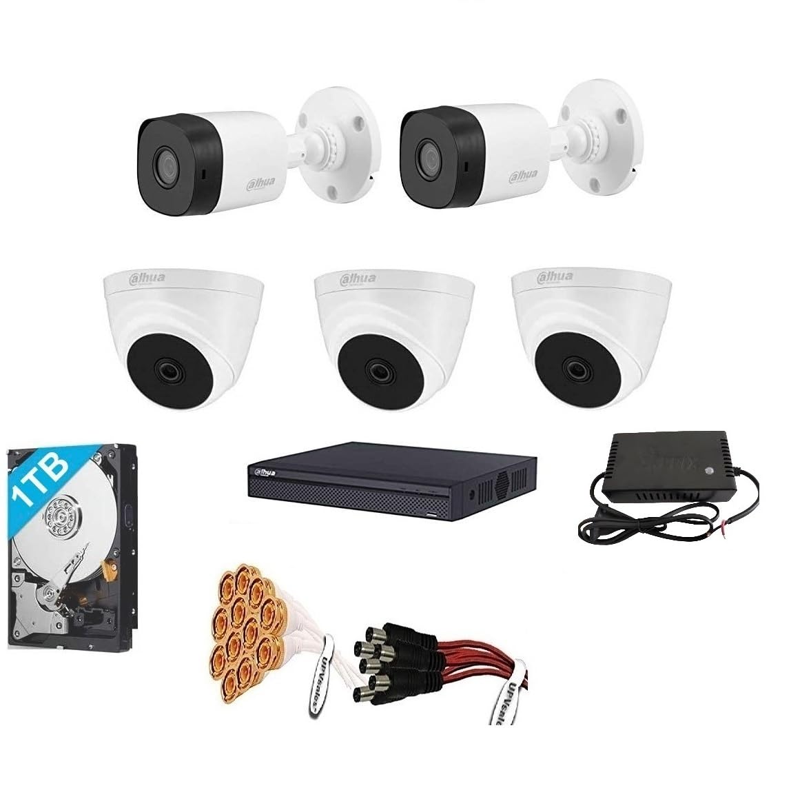 Dahua 2MP with Built in Audio Night Vision Full HD 5 Nos CCTV Camera Set with(8 CH DVR,Indoor Dome Camera 3Nos,Outdoor Bullete Camera 2Nos,1 TB Hard Drive,SMPS,Connectors)