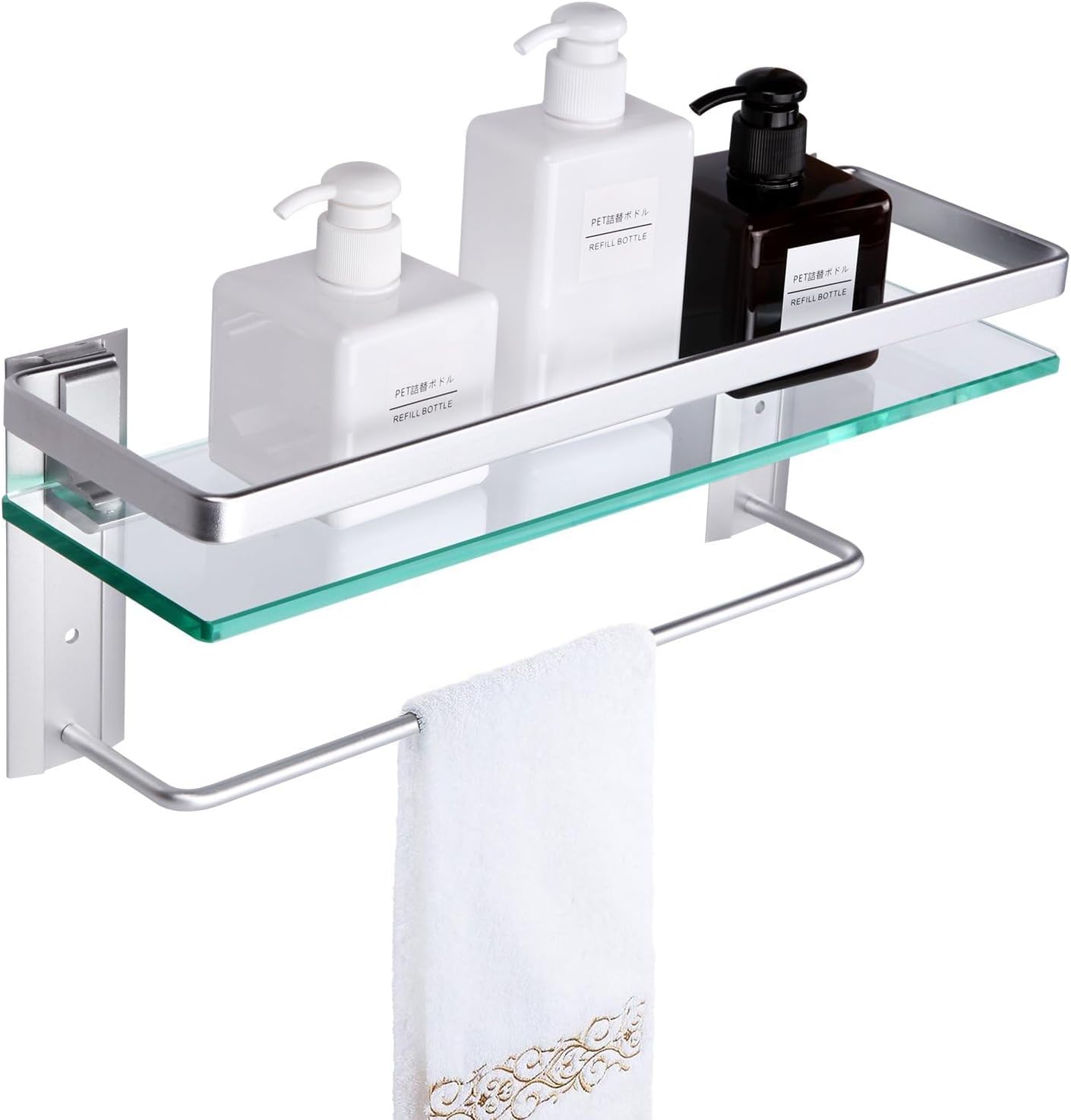 Vdomus Glass Bathroom Shelf with Hand Towel Bar, Rectangular Wall Mounted Bathroom Shelf Storage Extra Thick Tempered Glass, 15.2x4.5 inches with Brushed Silver Finish