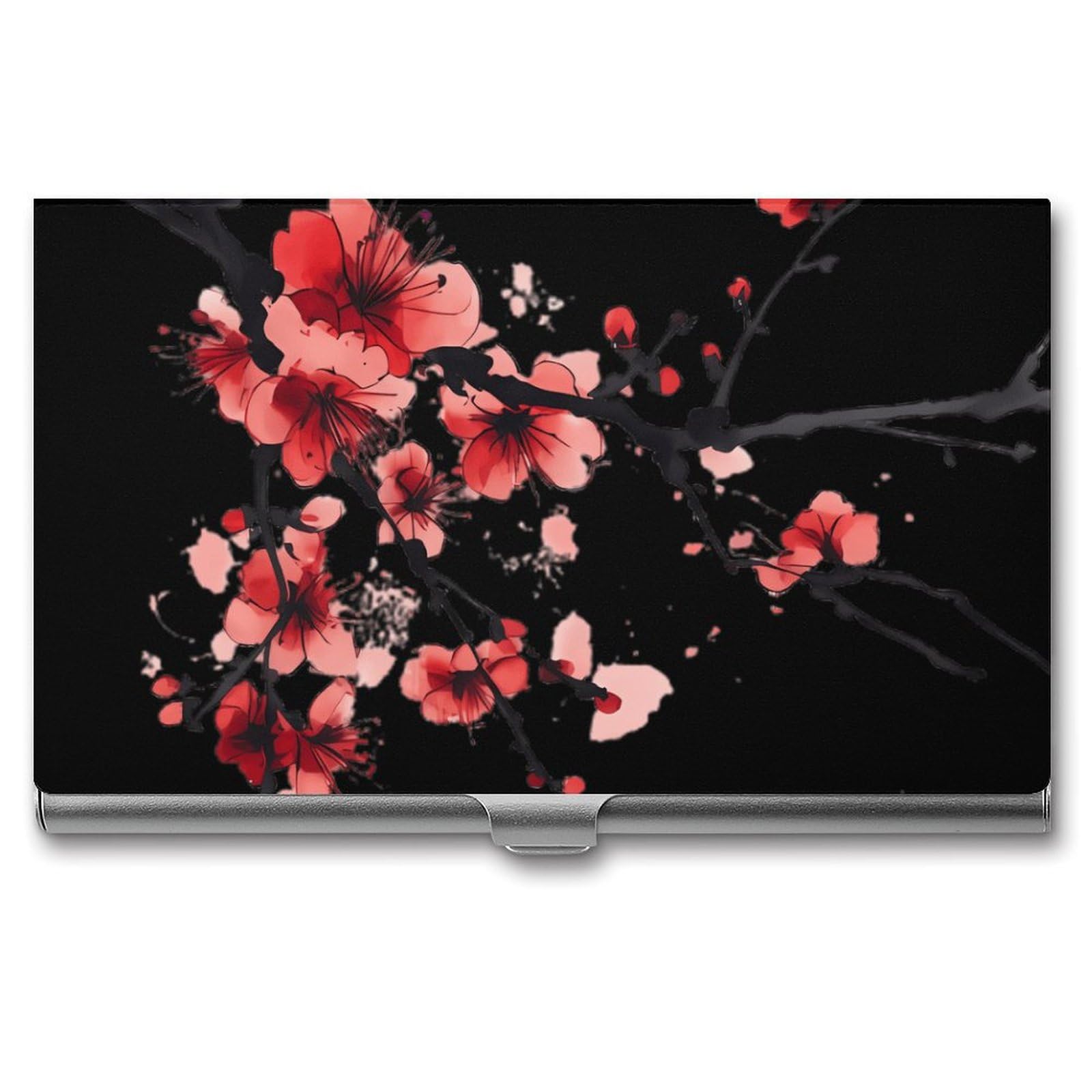 Red Blossoming Flowers Cherry Slim Business Card Holder Wallet for Men & Women Pocket Metal Case 3.7x2.2x0.3 Inches