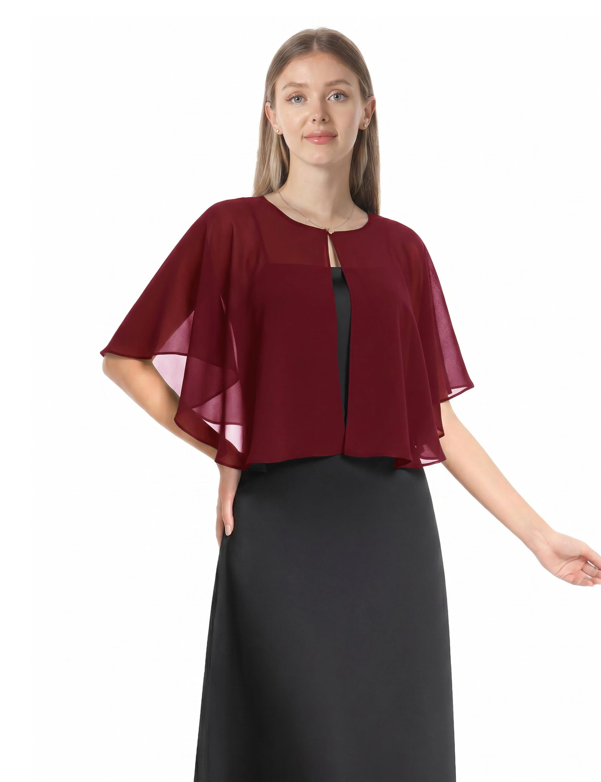 Soft Capelets capes Shawls and Wraps for Dress Chiffon Shrug Wedding Cape Cover Up, Burgundy, One Size