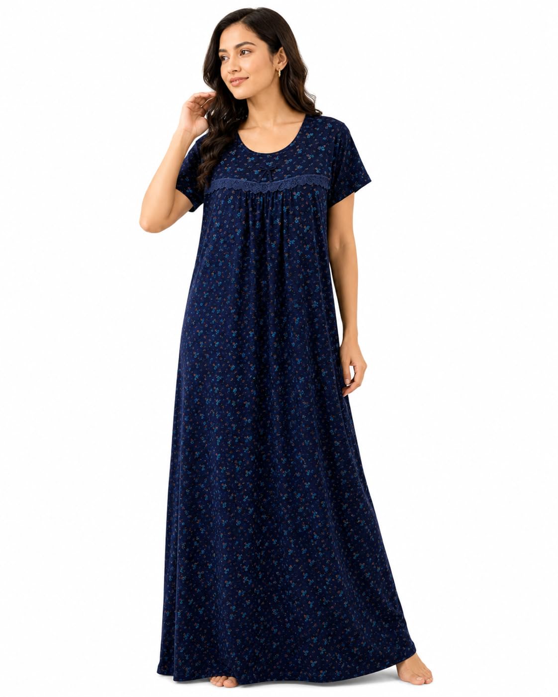 Women's Full Length Nighty, Soft Cotton Blend, Floral Printed, Short Sleeve, Maxi Night Gown, Navy Blue-picture-40