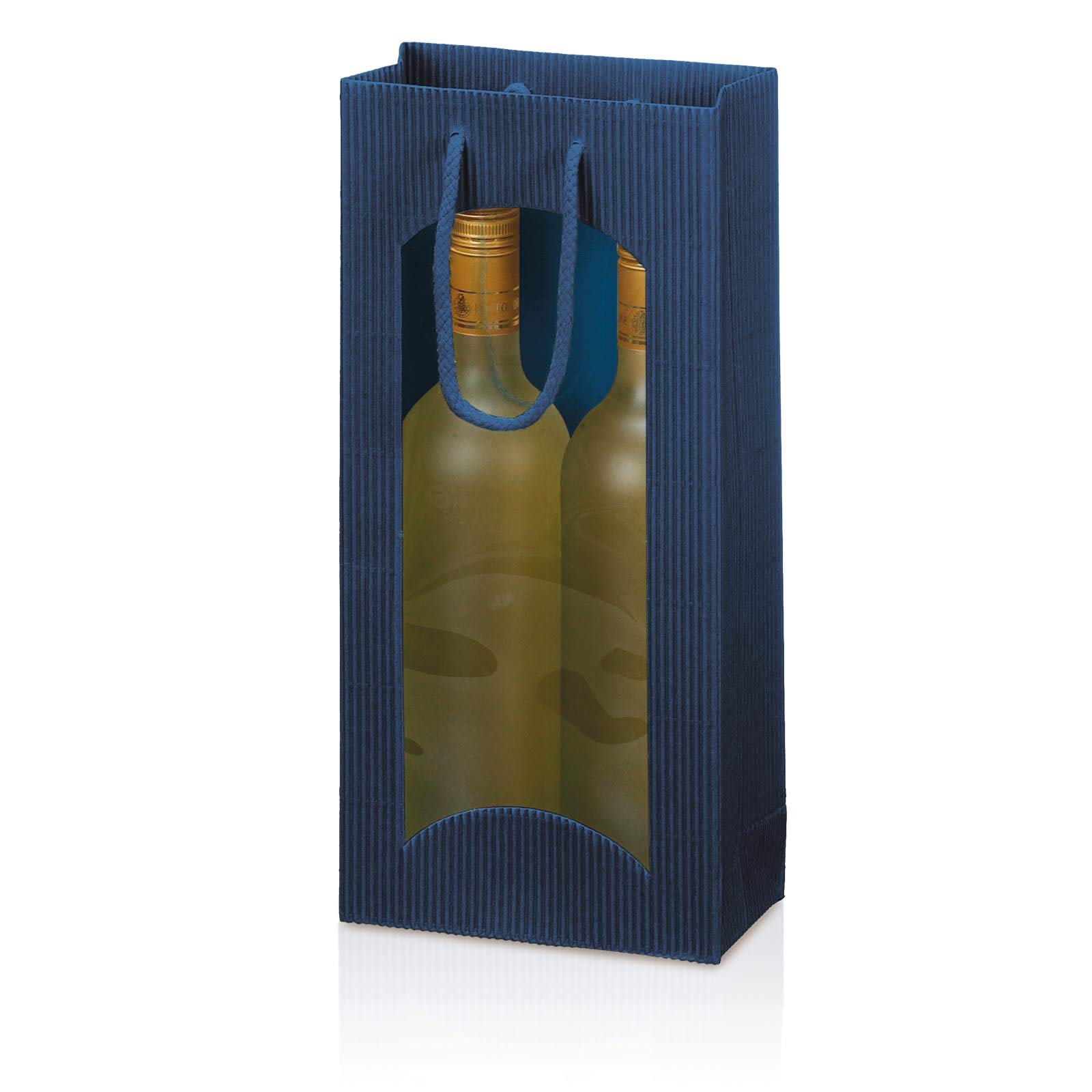 KK Verpackungen Flaschentragetasche Geschenktüte 2 Flaschen | 1000 Stück, 170x85x360 mm | Wellpappe mit Sichtfenster, Blau | Weinflaschen Sektflaschen | 100% recyclebar
