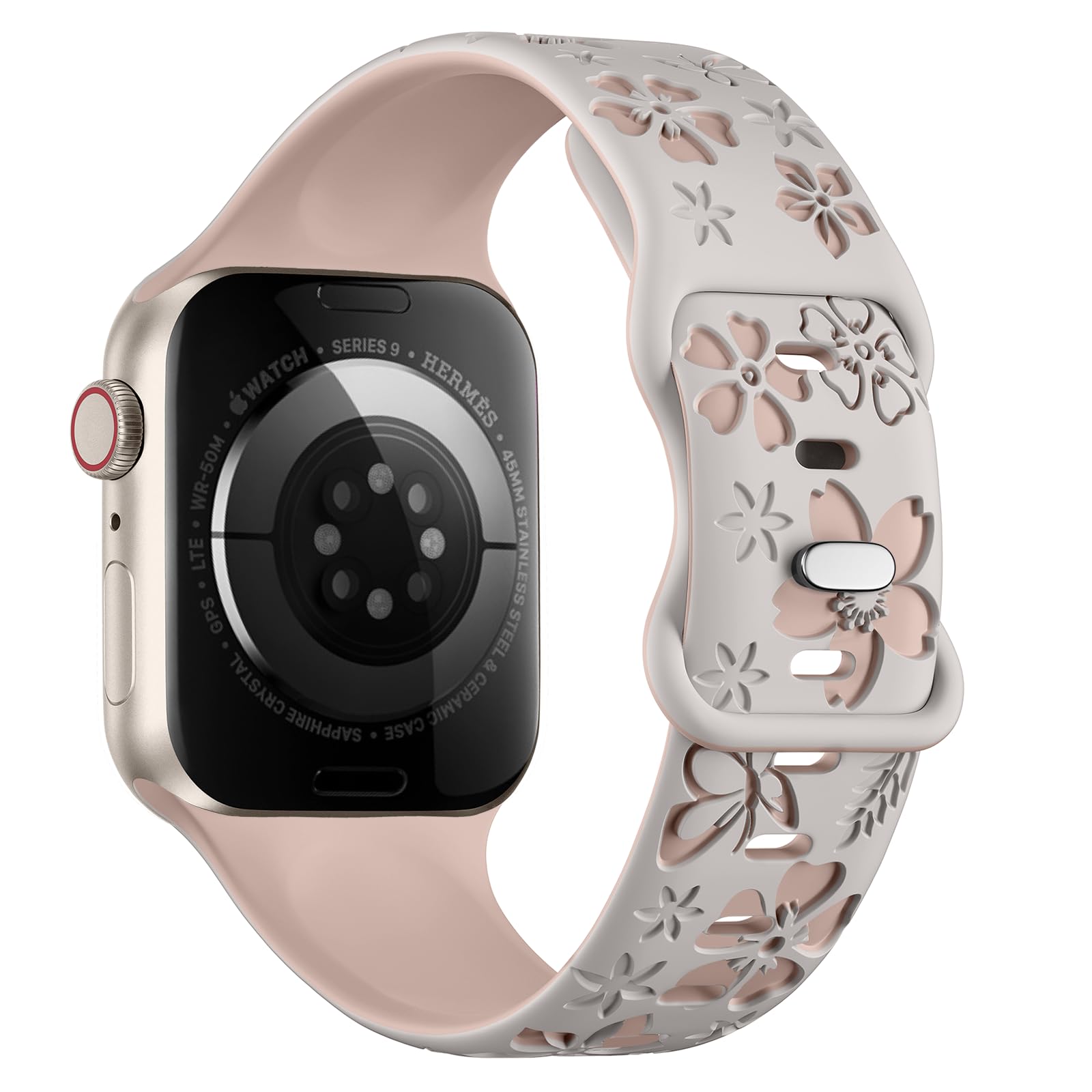 CreateGreat Floral Engraved Band Compatible with Apple Watch Band 40mm 41mm 38mm, Two-Tone Soft Silicone Cute Flower Sport Strap for iWatch Bands Women Series 9 8 7 6 5 4 3 2 SE Ultra/2-SLMT