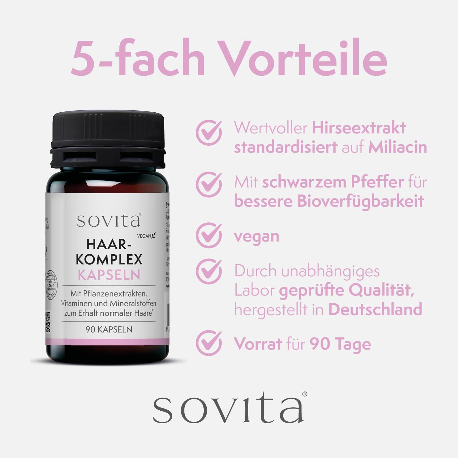 sovita Haar Komplex Kapseln mit Hirseextrakt & Biotin | Mit Kupfer, Selen & Schwarzem Pfeffer zur Unterstützung von Haaren, Haut & Bindegewebe | Nahrungsergänzung | 360 Kapseln