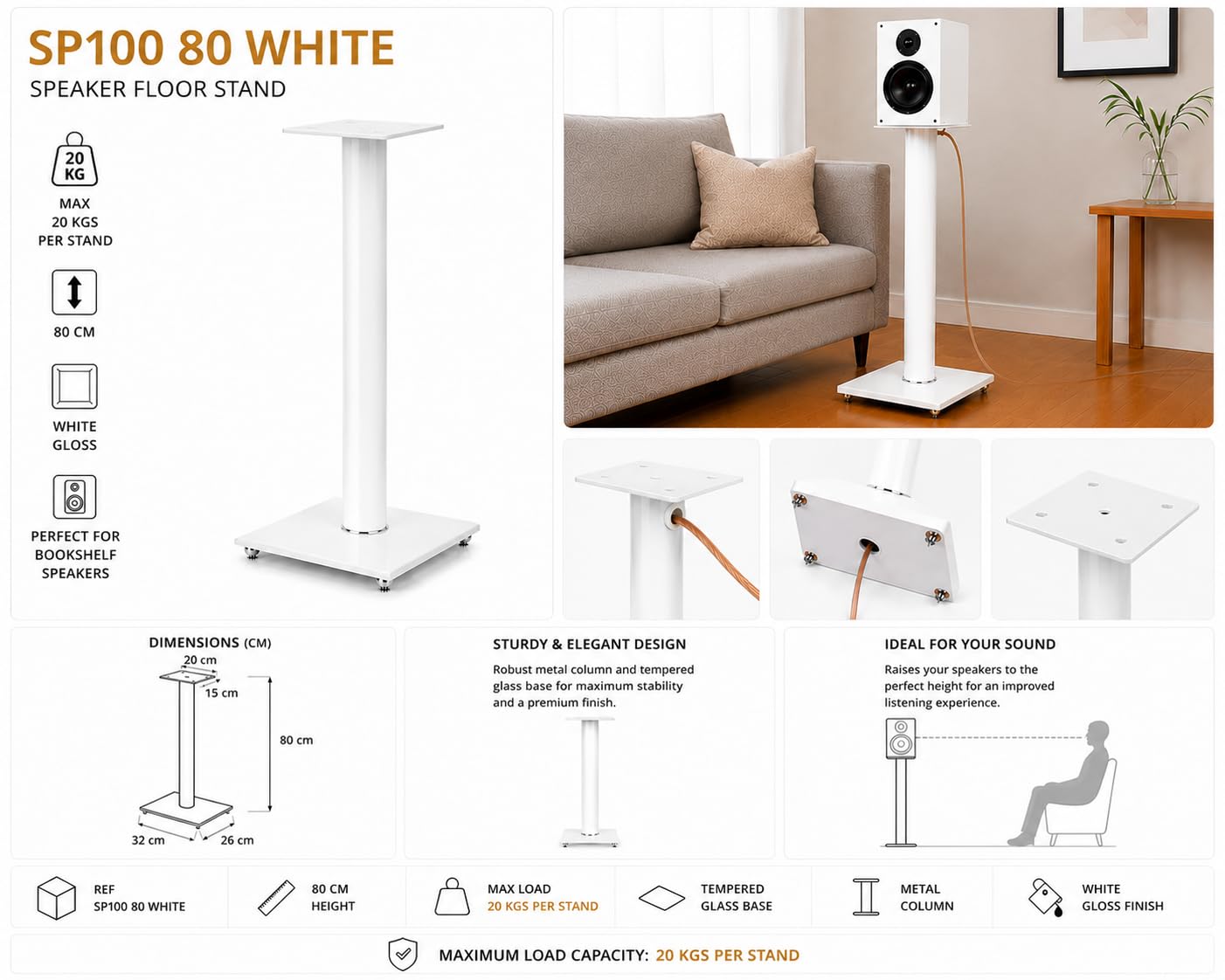 Sonorous SP100-80 Blanco – Soportes de Suelo para Altavoces 80 cm (Pareja) | Pies HiFi en Aluminio y Vidrio Templado | hasta 20 kg por Soporte | Gestión de Cables Integrada.