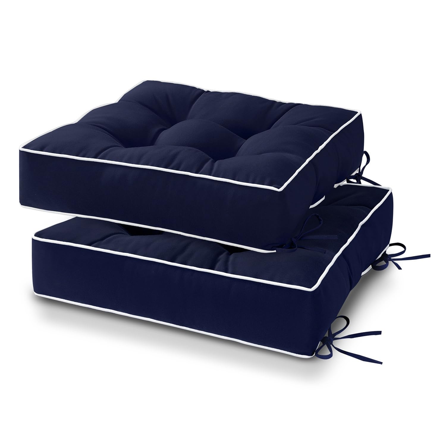 harborest outdoor chair cushions set of 2, tufted patio chair cushions with ties, square corner outdoor cushions for patio furniture, lawn chairs, wicker chairs, 19" x 19" x 5", navy