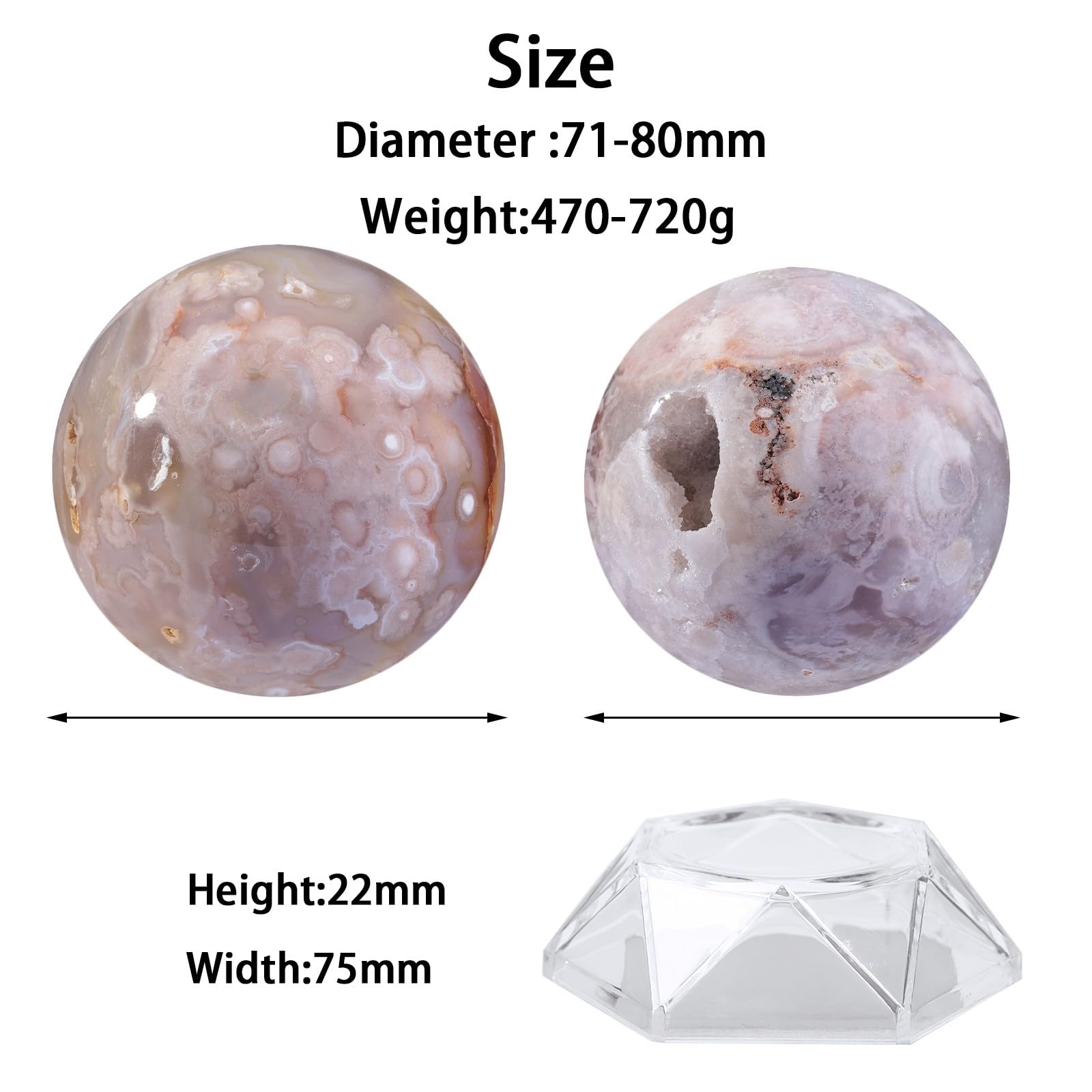 Amogeeli Cherry Blossom Agate Crystal Sphere with Acrylic Stand for Decoration Stone Ball Sculpture for Divination 2.79-3.14
