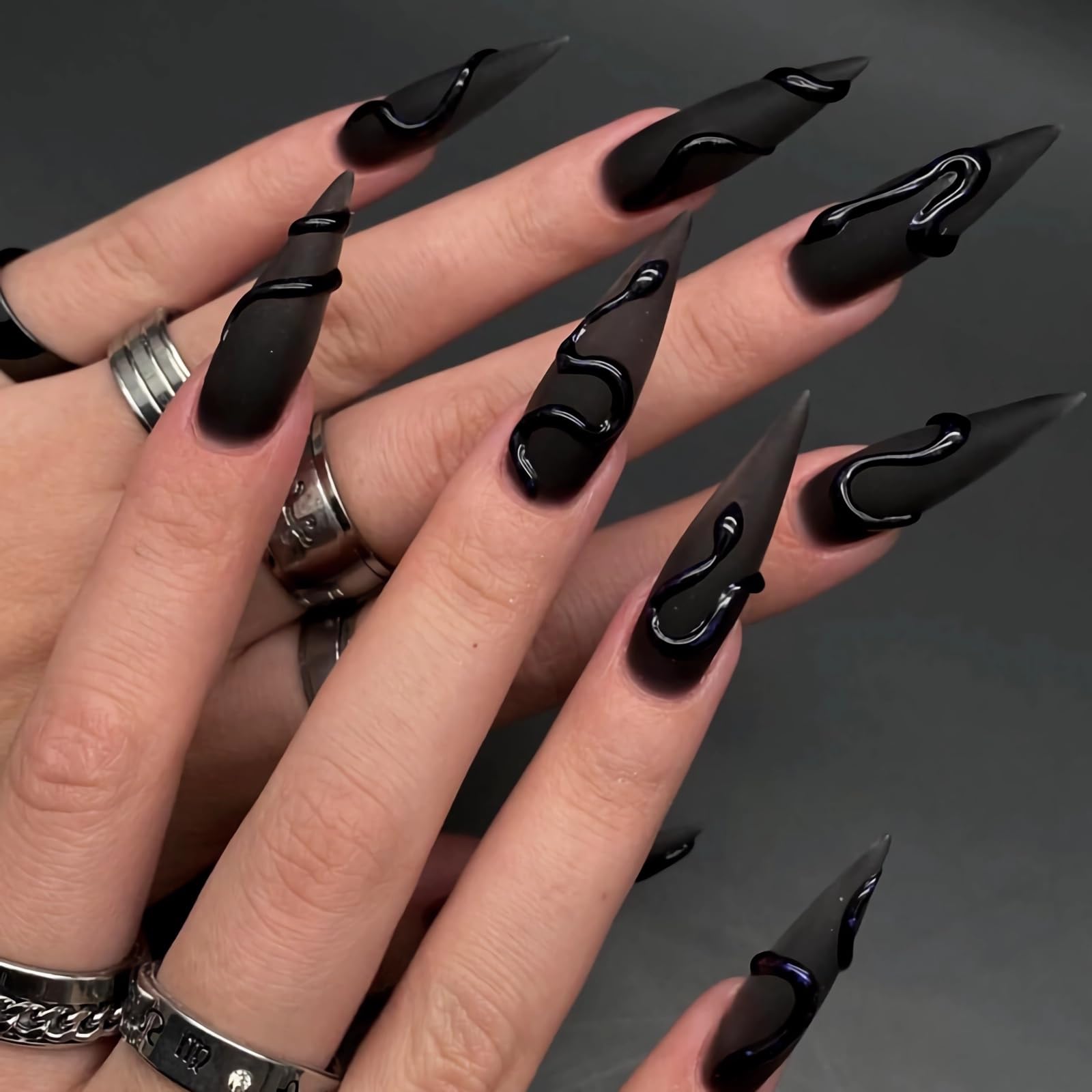 MISUD Press on Nails - Long Stiletto Glue on Nails with Goth Black, Acrylic Gothic Snake Design 24 pcs