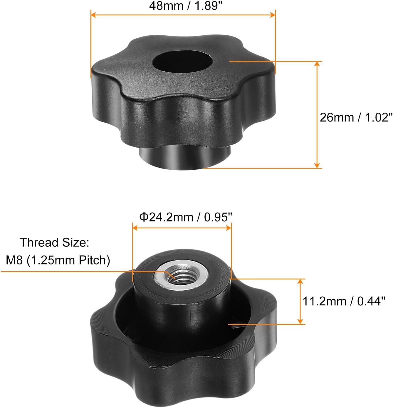 HARFINGTON 4pcs Star Knobs M8 Female Thread 48mm Head Plastic Through Hole Brass Screw-in Clamping Handles Threaded Hand Knobs, Black