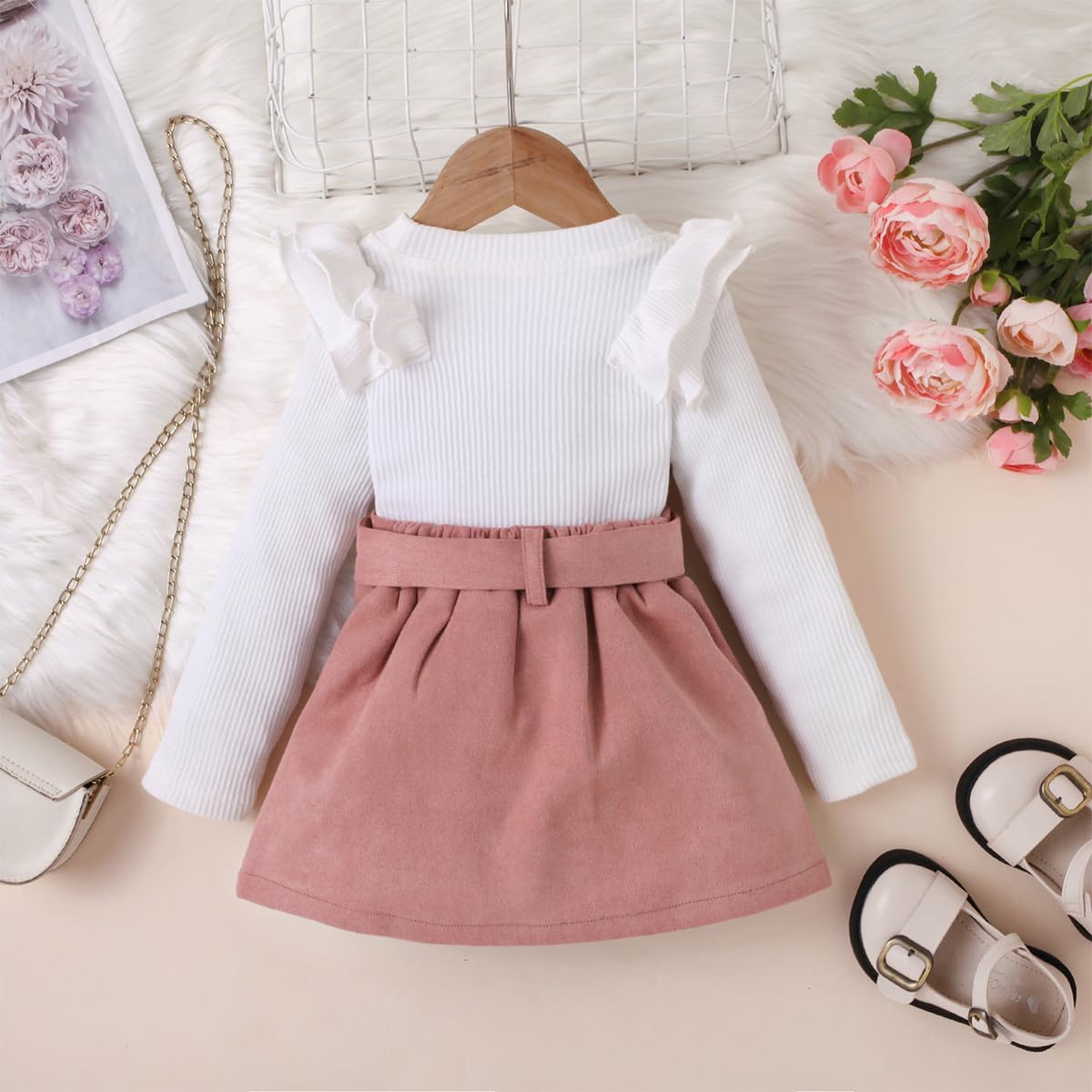 Ensemble Bébé Fille Manches Longues à Volants Tops + Mini-jupe à nœud papillon 2 pièces Robe Globale Vêtements Tenues