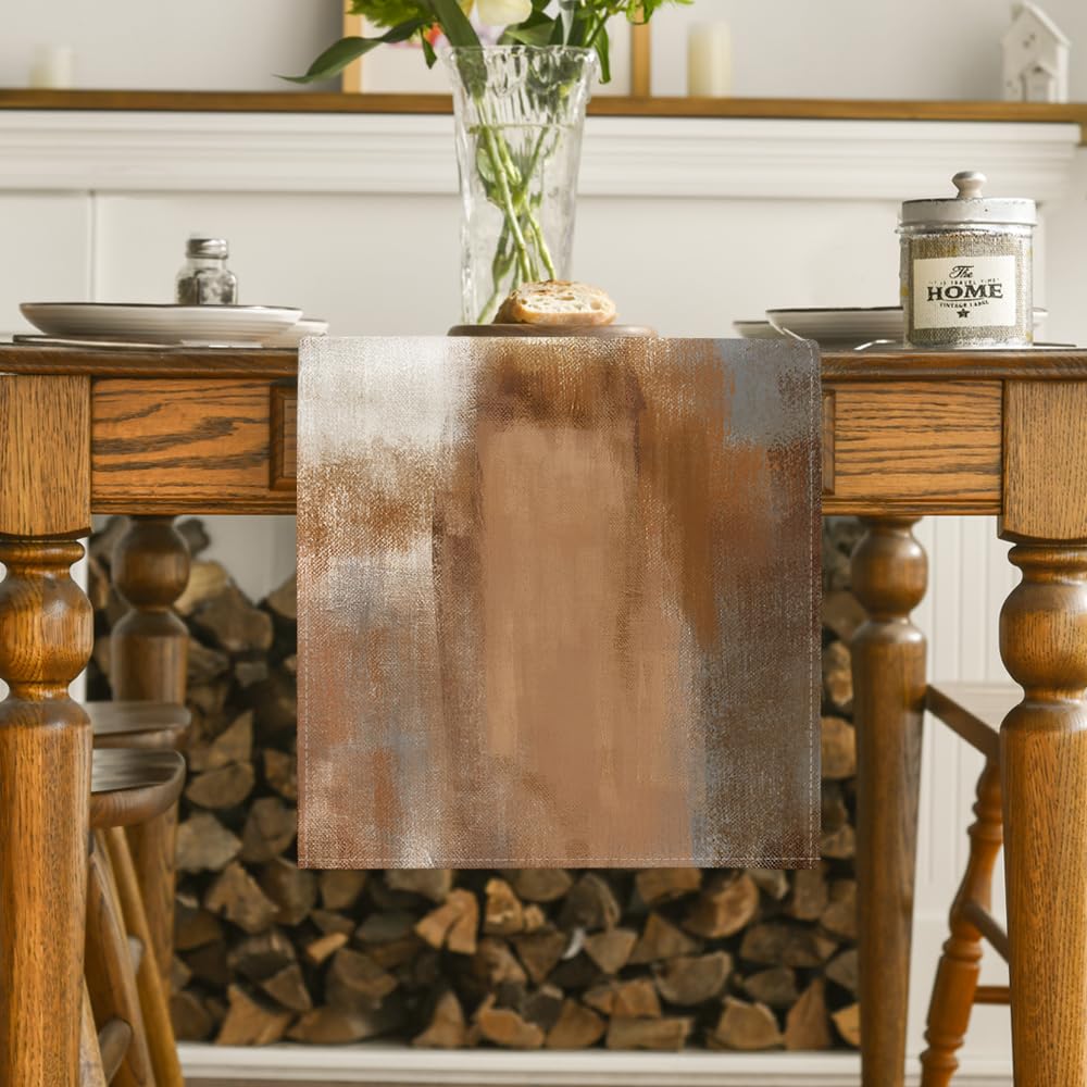 Artoid Mode Brown Abstract Modern Art Table Runner, Seasonal Farmhouse Style Kitchen Dining Table Decoration for Home Party Decor 13x72 Inch