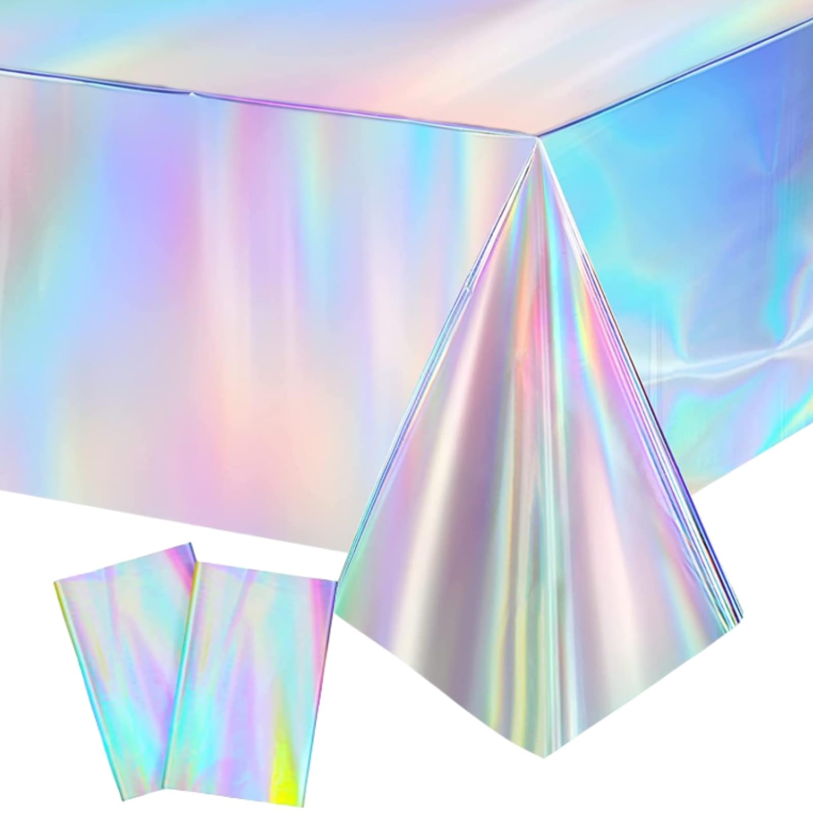 2 Pcs Iridescent Table Cloth Party Rainbow Laser Tablecloths, Plastic Tablecloth Holographic Foil Table Cloth, Waterproof Rectangle Party Table Cloths for Picnic Cirthday Baby Shower Wedding 137x274cm