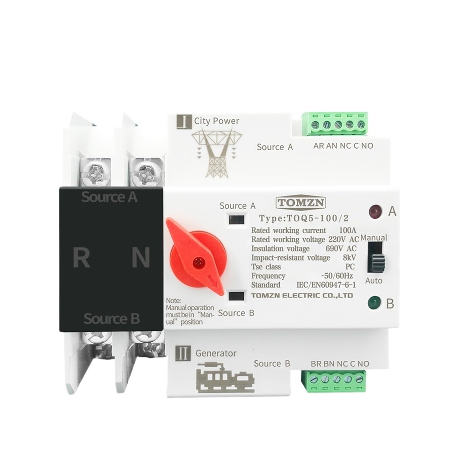 WBBAYDRFR Single Phase Din Rail ATS Dual Power Automatic Transfer Electrical Selector Switches Uninterrupted 2P 63A 100A 125A(100a,110V)