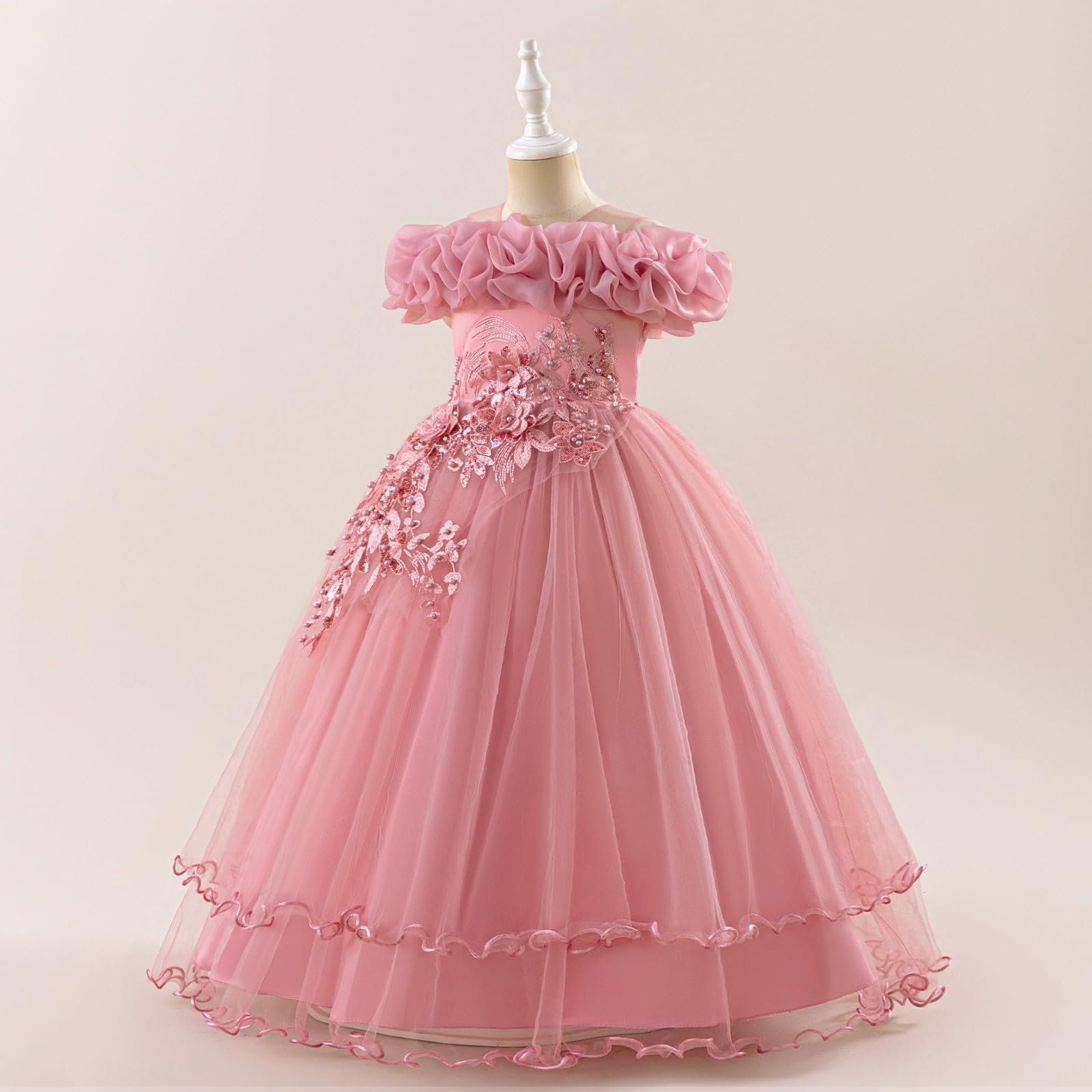 Vestido formal de tul con purpurina y hombros descubiertos para niñas, con adornos florales 3D, elegante vestido de fiesta de dama de honor con volantes, para cumpleaños, de 5 a 12 años