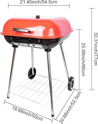 Miniatura 2 de Parrilla de carbón portátil de 22 pulgadas, parrilla de carbón rojo con rueda portátil y asa, adecuada para cocinar, acampar y picnic (rojo)