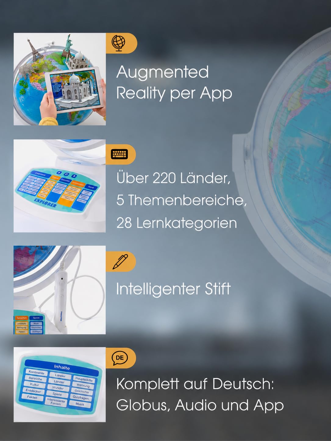 Interaktiver Globus für Kinder 23 cm mit Smart Stift, LED Licht & Augmented Reality – Lernspielzeug Deutsch mit 10.000+ Fakten über Länder, Tiere & Weltall – Geschenk ab 5 Jahren
