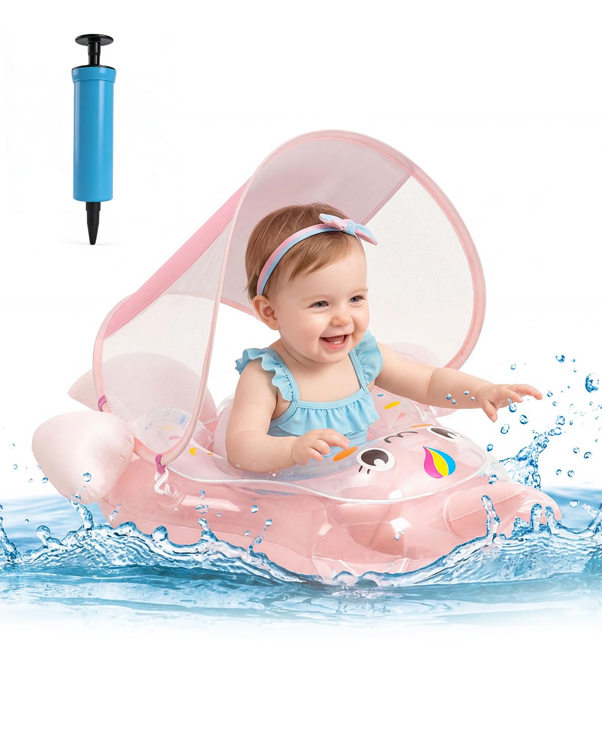 Baby Swimming Float with Sun Canopy, Inflatable Baby Pool Float Seat with Safety Bottom Support, Baby Swim Float Ring with Shade, Secure & Comfortable for Infants Toddlers 3-36 Months, Pink