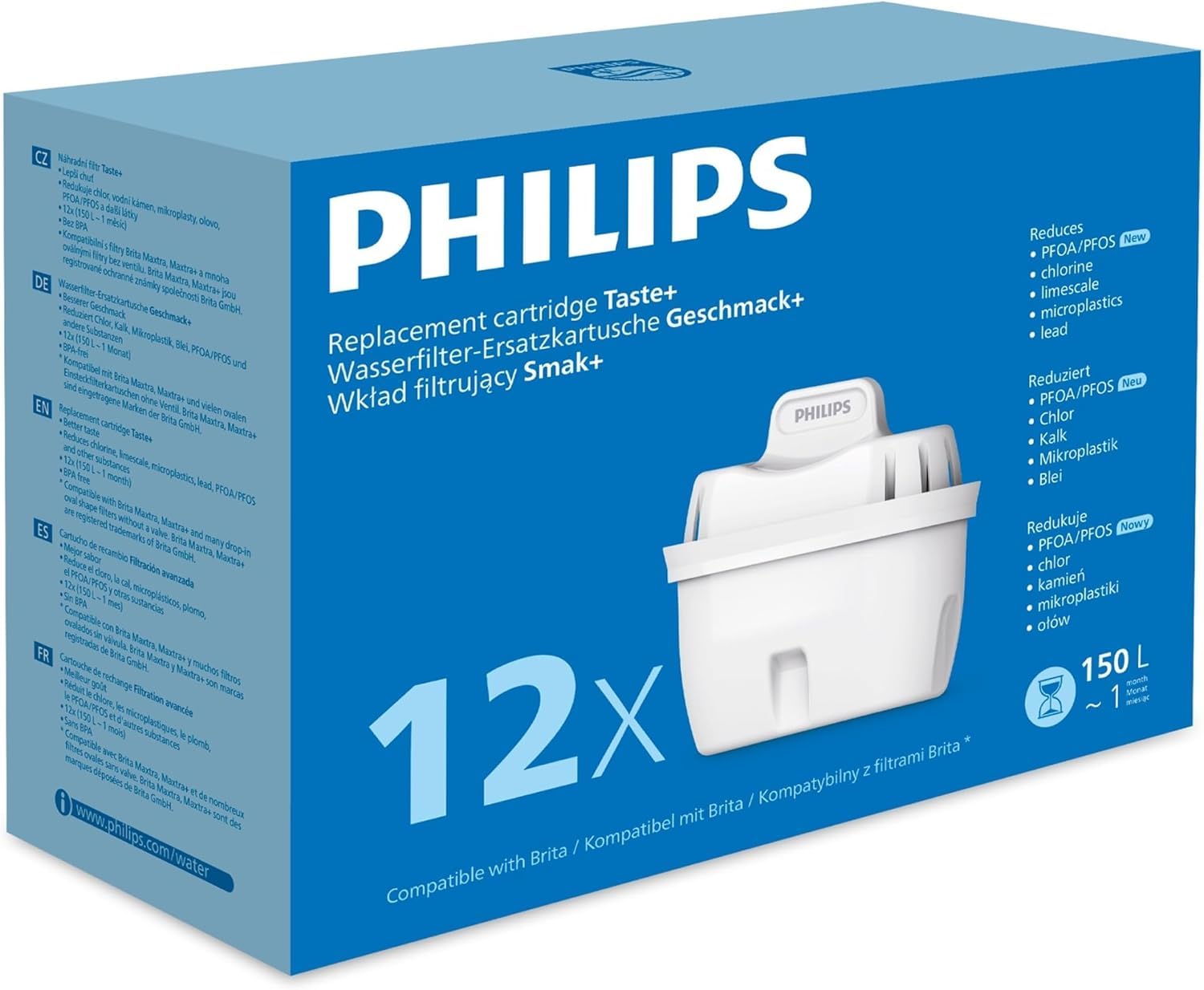Philips Water Wasserfilter-Kartuschen Geschmack+, 12 er-Pack, reduziert MIKROPLASTIK, CHLOR, KALK, SCHWERMETALLE, Kompatibel mit brita*