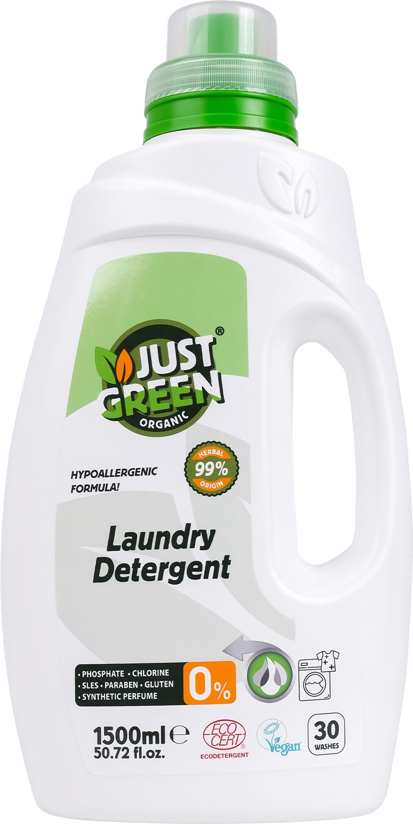 SORTICK Just Green Organic Laundry Liquid 1500ml, Non-Toxic Formula, Vegan & Eco-Friendly Washing Liquid Detergent, Safe Baby Detergent, Recyclable Packaging