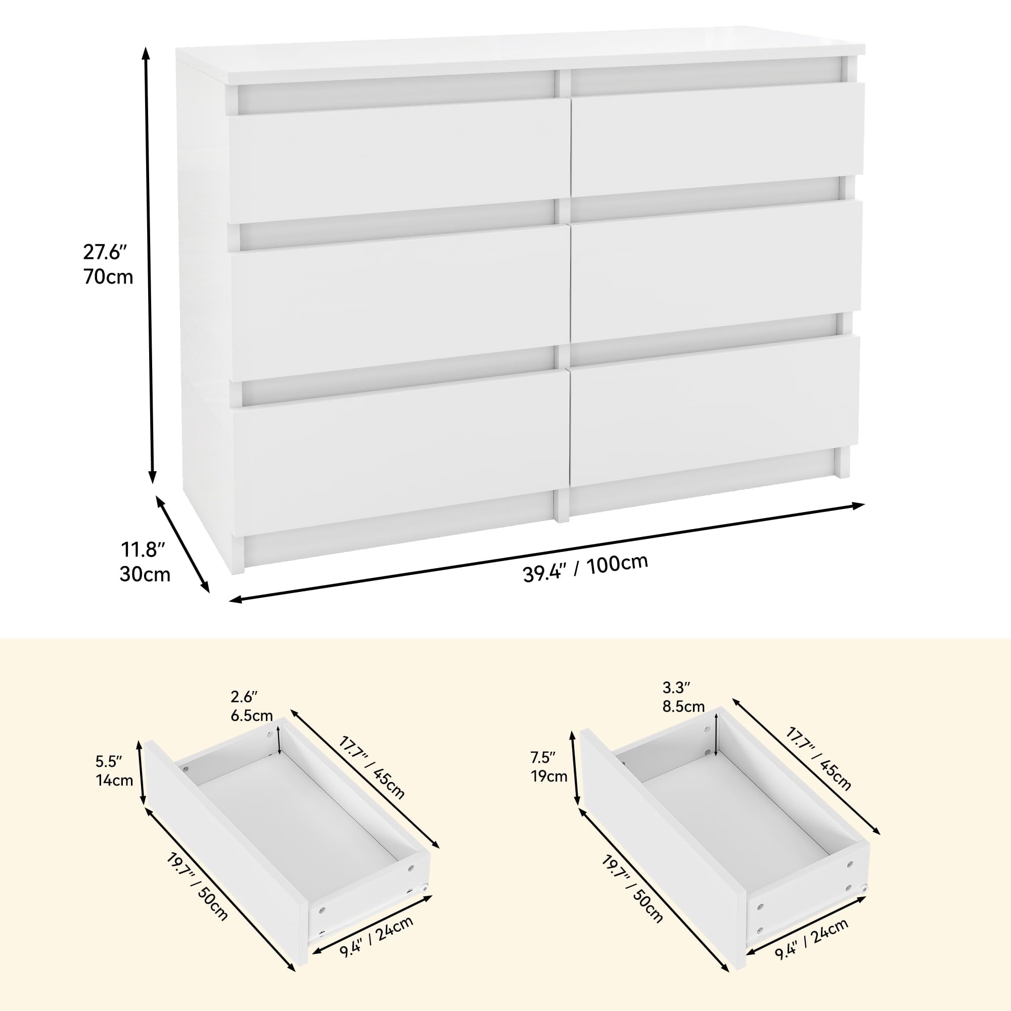 YITAHOME Cómoda de madera, cómoda para dormitorio, 6 cajones con guías, muebles de dormitorio, almacenamiento para dormitorio, armario de dormitorio moderno, mesita de noche, 100 x 30 x 70 cm (blanco)