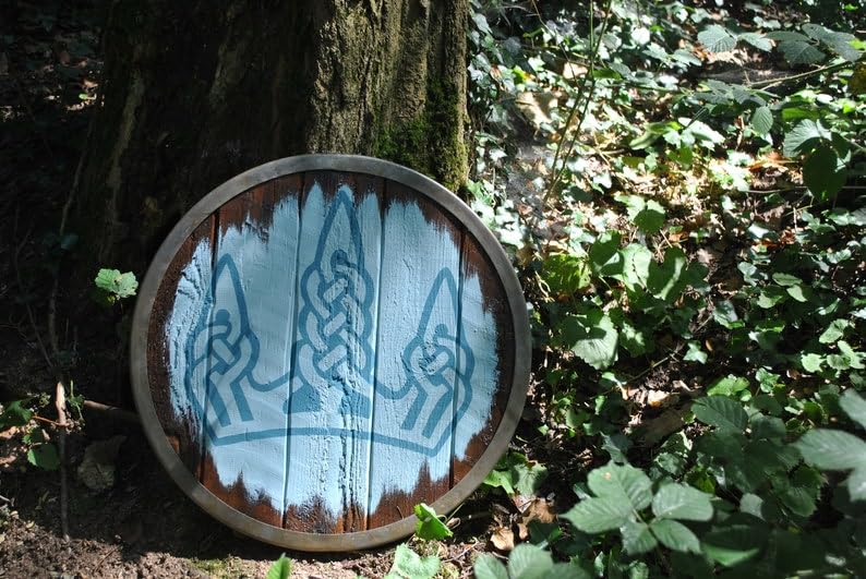 Średniowieczna tarcza wikingów okrągła tarcza drewniana zbroja drewno i stal do cosplay tarcza 61 cm, Biały/niebieski, 24 Inch