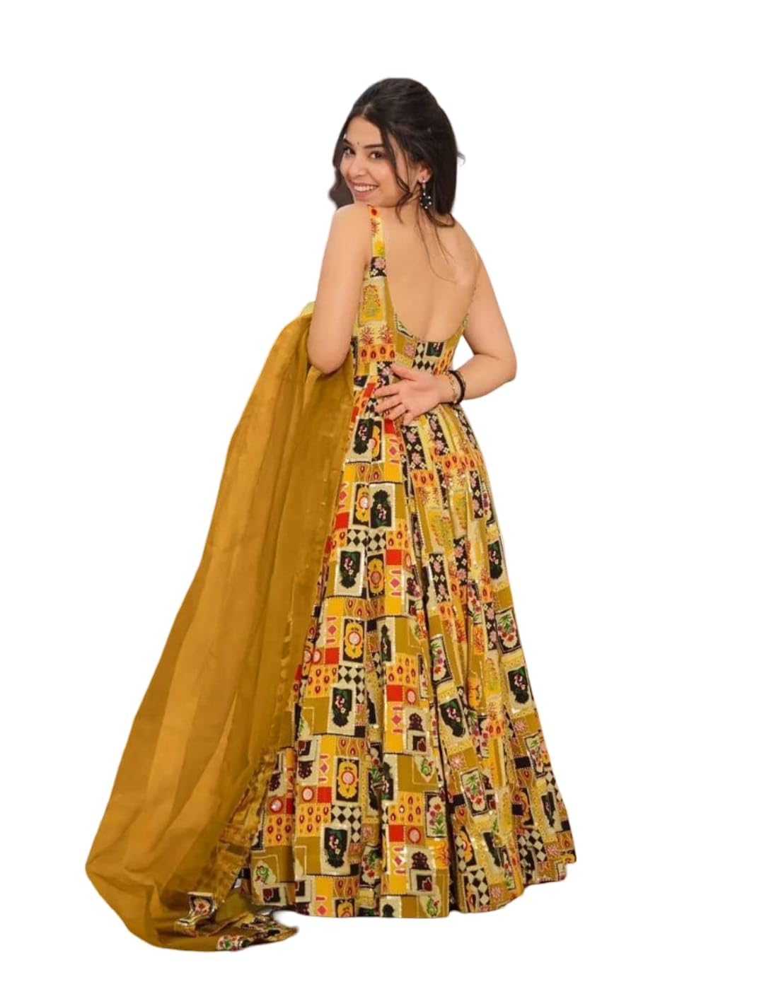 Printed Anarkali Gown with Dupatta, Yellow, Sleeveless, Ethnic-image-34