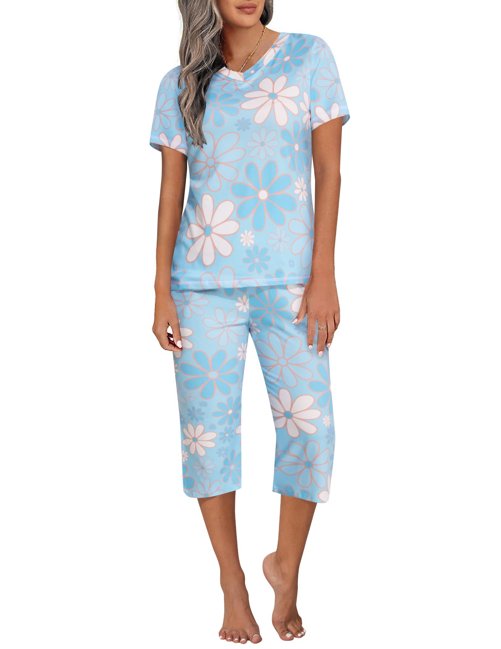 Ekouaer Women's Sleepwear Capri Pajama Sets Short Sleeve Two-Piece Pjs V Neck Tops & Capri Pants with Pockets S-3XL