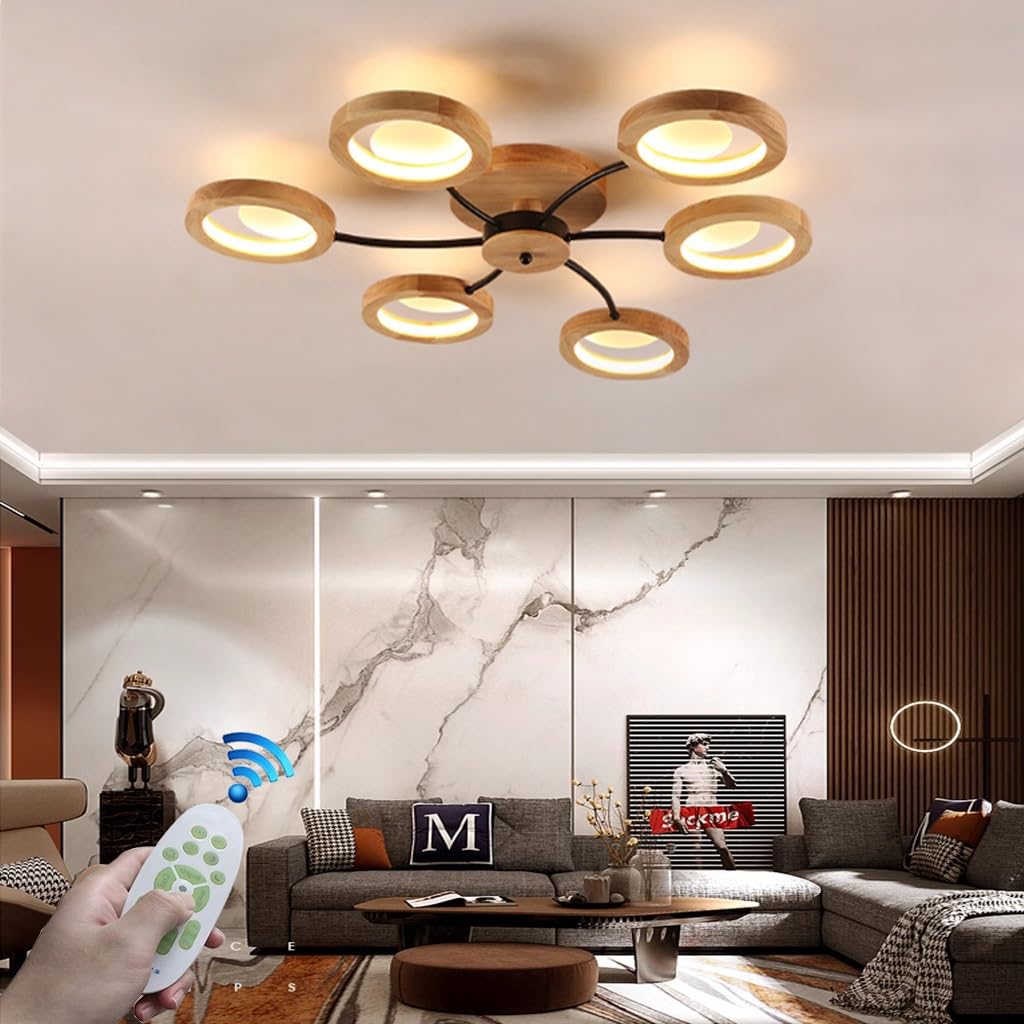 KXEcoLife Nordic LED Ceiling Light - Modern Wooden Chandelier for Large Living Room, Restaurant & Bedroom, Dimmable with Remote Control, Creative Round Metal Fixture