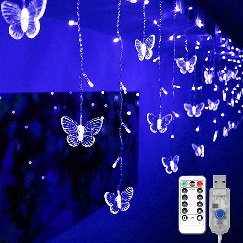Miniatura 6 de Cortina de luces de mariposa, 8 modos, 120 LED, USB, ventana, luciérnaga, temporizador, 24 mariposas con control remoto, alambre de cobre