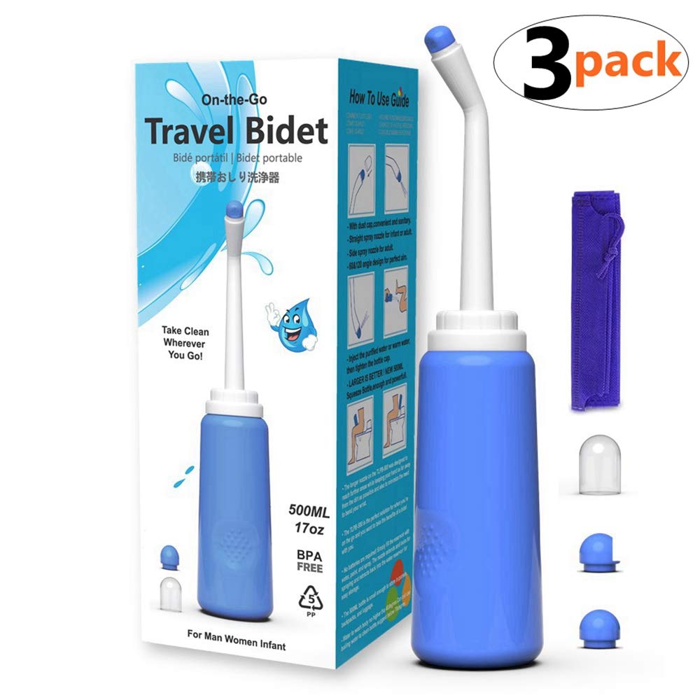 Portable Bidet Sprayer, Handheld Travel Bidet Bottle 500ml Personal Hygiene Care Cleanser with 2 Nozzles, Dust Cap and Storage Bag for Home Travel PostPartum Care and Recovery (500ml - 3 Pack)