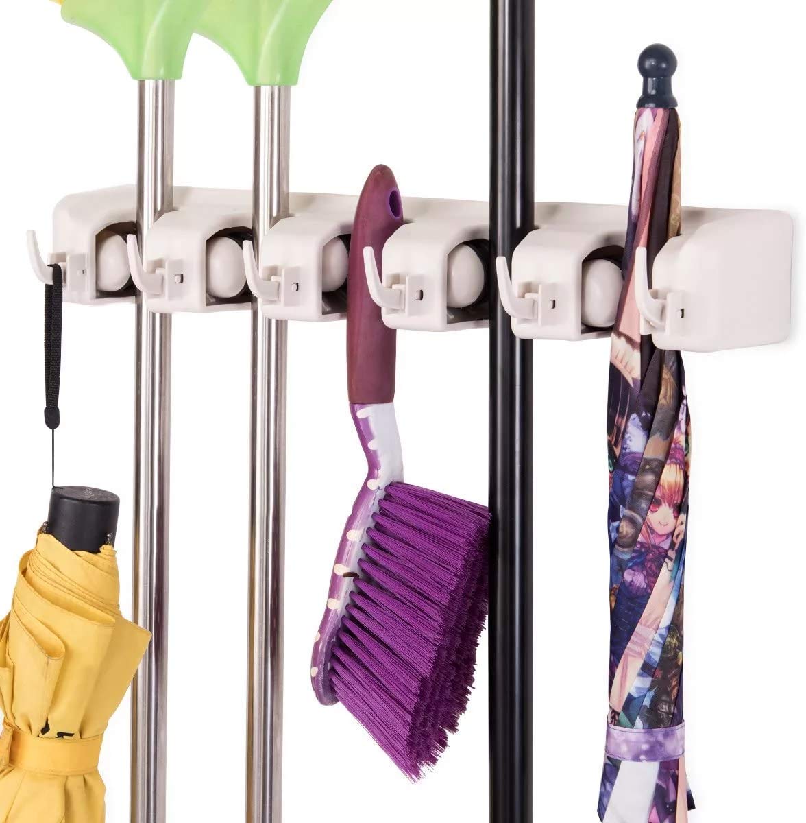 FeirMop Broom Holder Wall Mounted Kitchen Hanging Garage Utility Tool Organizers and Storage Rack For Commercial Bathroom Laundry Room Closet Gardening (Grey)