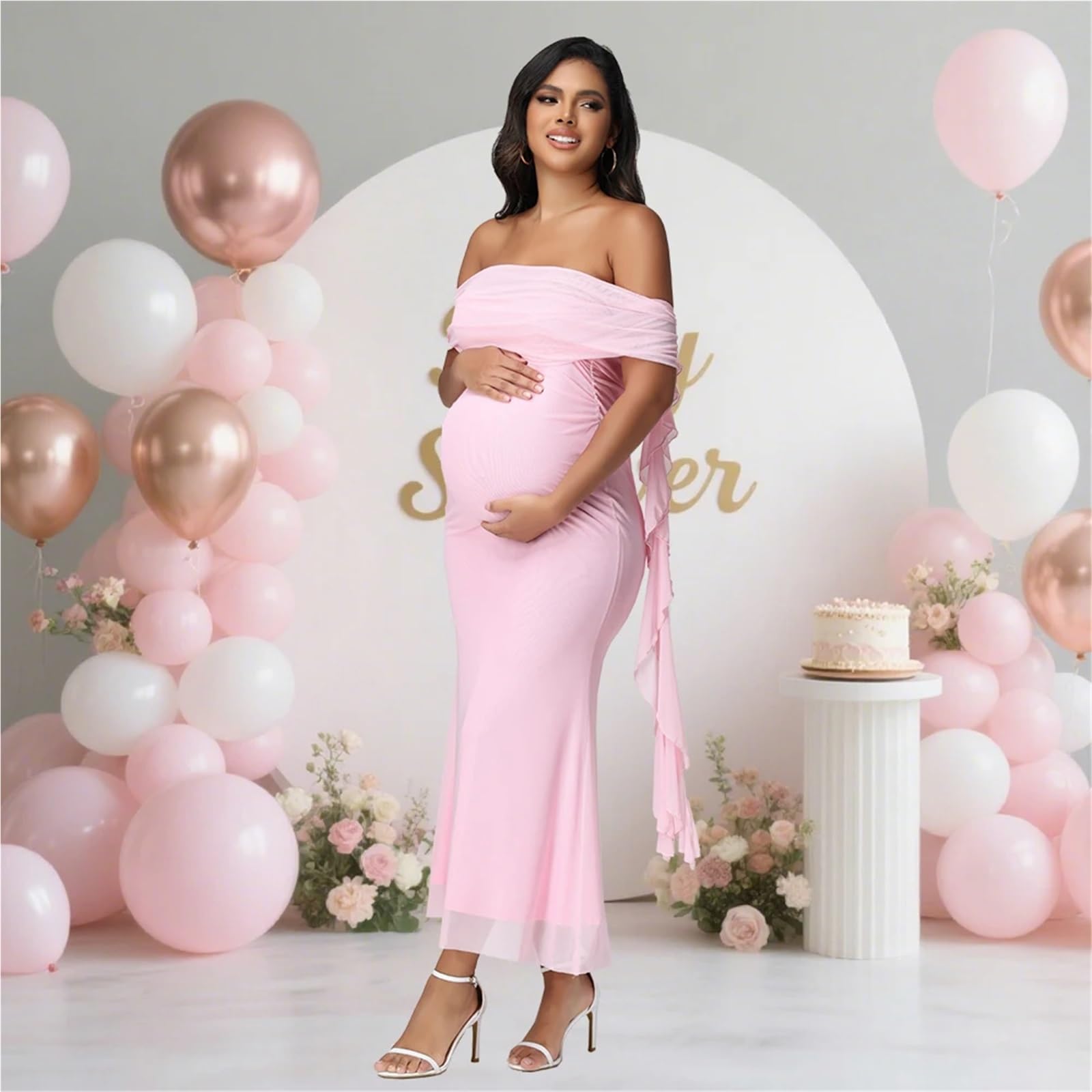 Vestido de Embarazo Vestido de Maternidad Malla con Hombros Descubiertos for Mujer for sesión Fotos, Exquisito Vestido Largo sin Tirantes Volantes for Baby Shower