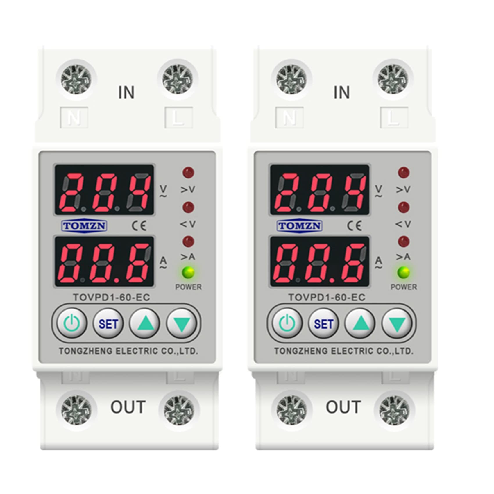 Jnchdghwa White 2X Din Rail Dual Display Adjustable Over Voltage Current And Under Voltage Protector Relay 40A 220V 230V